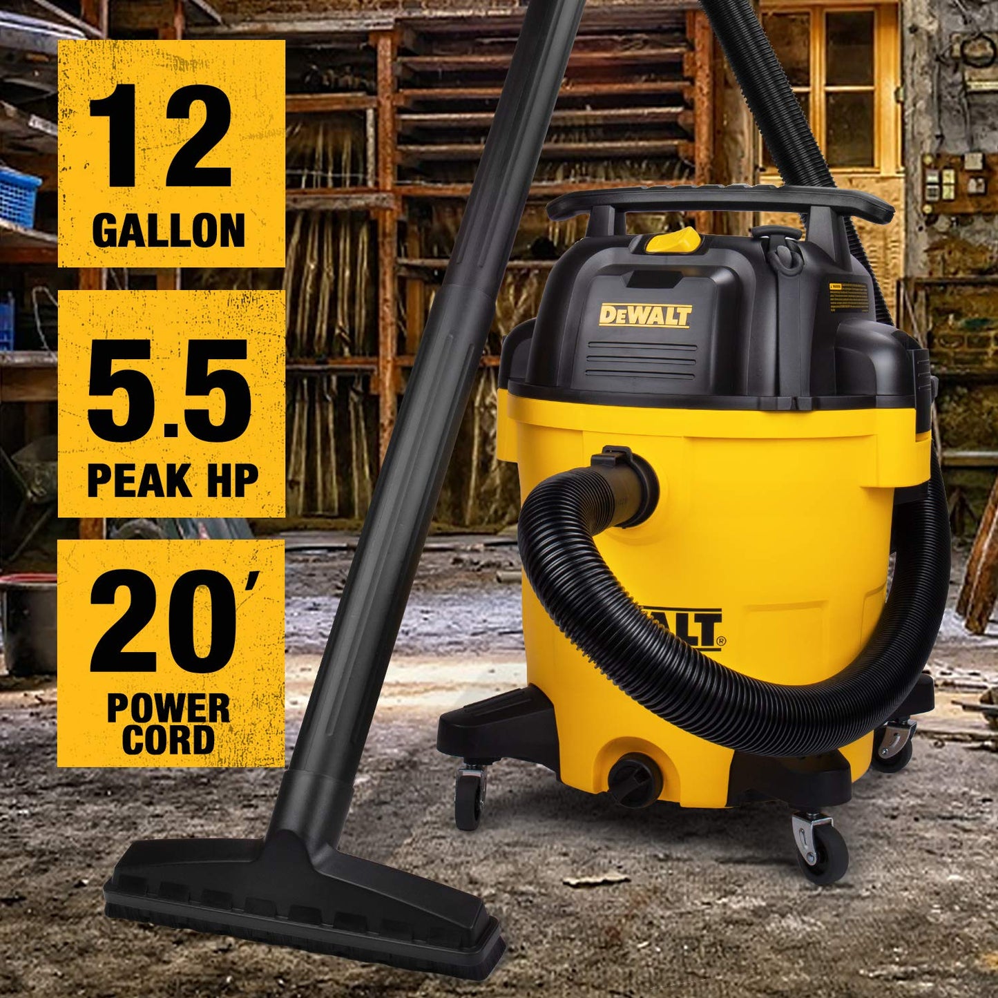 DEWALT 12 Gallon Poly Wet/Dry Vac, 5.5 HP Shop Vacuum Wet Vacuum Cleaner for Workshop, Jobsite, Commericial Area, Large Pick-Up Capacity, Yellow,DXV12P