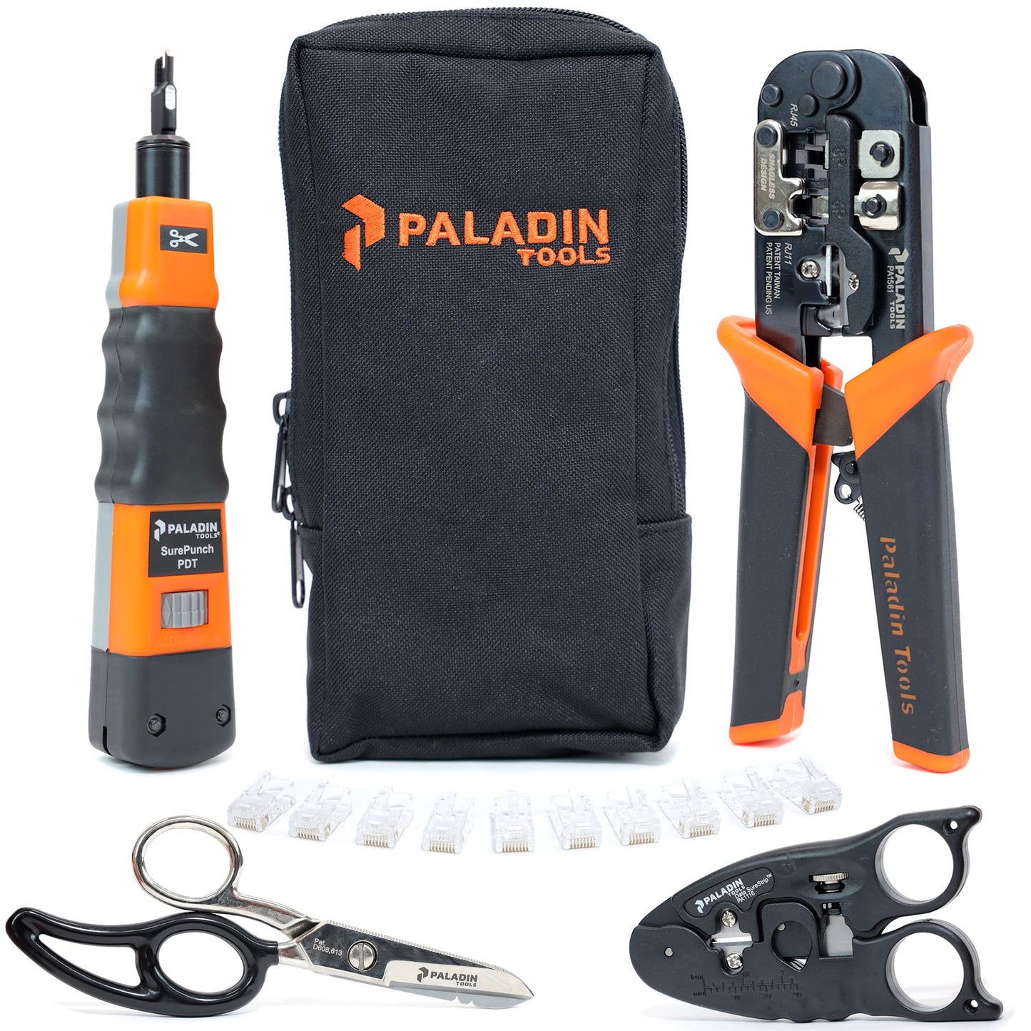 Paladin Tools PA4908 Network Tool Kit - VDV Technicians Kit - Wire Cutter, Wire Stripper, Scissors, Punchdown Tool, Plugs - RJ45 RJ11 RJ12 RJ22 (POE Ethernet)