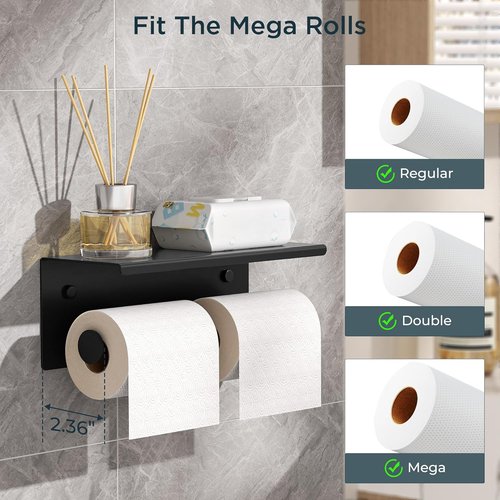FORIOUS Double Toilet Paper Holder - Wall-Mounted Tissue Roll Dispenser with Shelf | 304 Stainless Steel, Matte Black