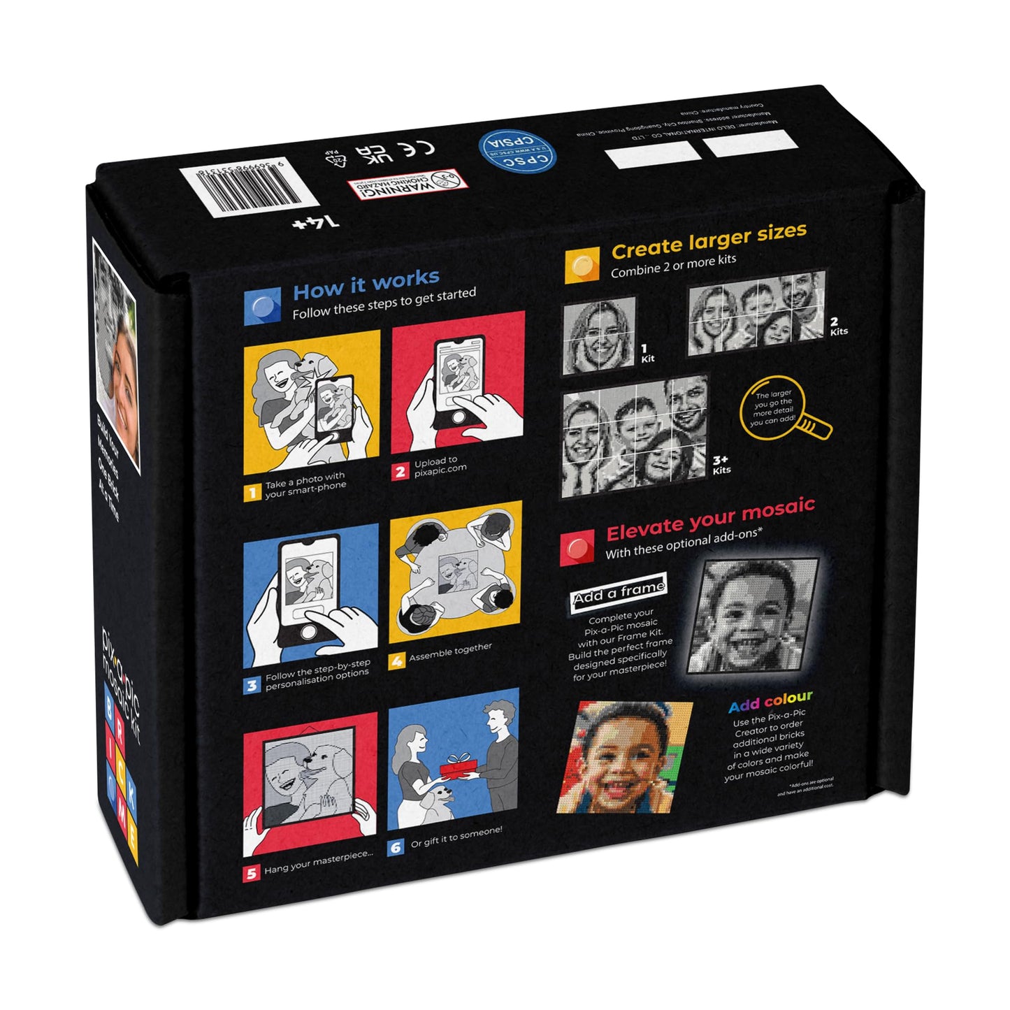 BRICK ME Pix-a-Pic Mosaic Kit, 4900 Bricks (15.1″ × 15.1″) | DIY Pixel Photo Mosaic with Shades of Gray, Black & White | Includes 4 Baseplates, Connector & Brick Separator