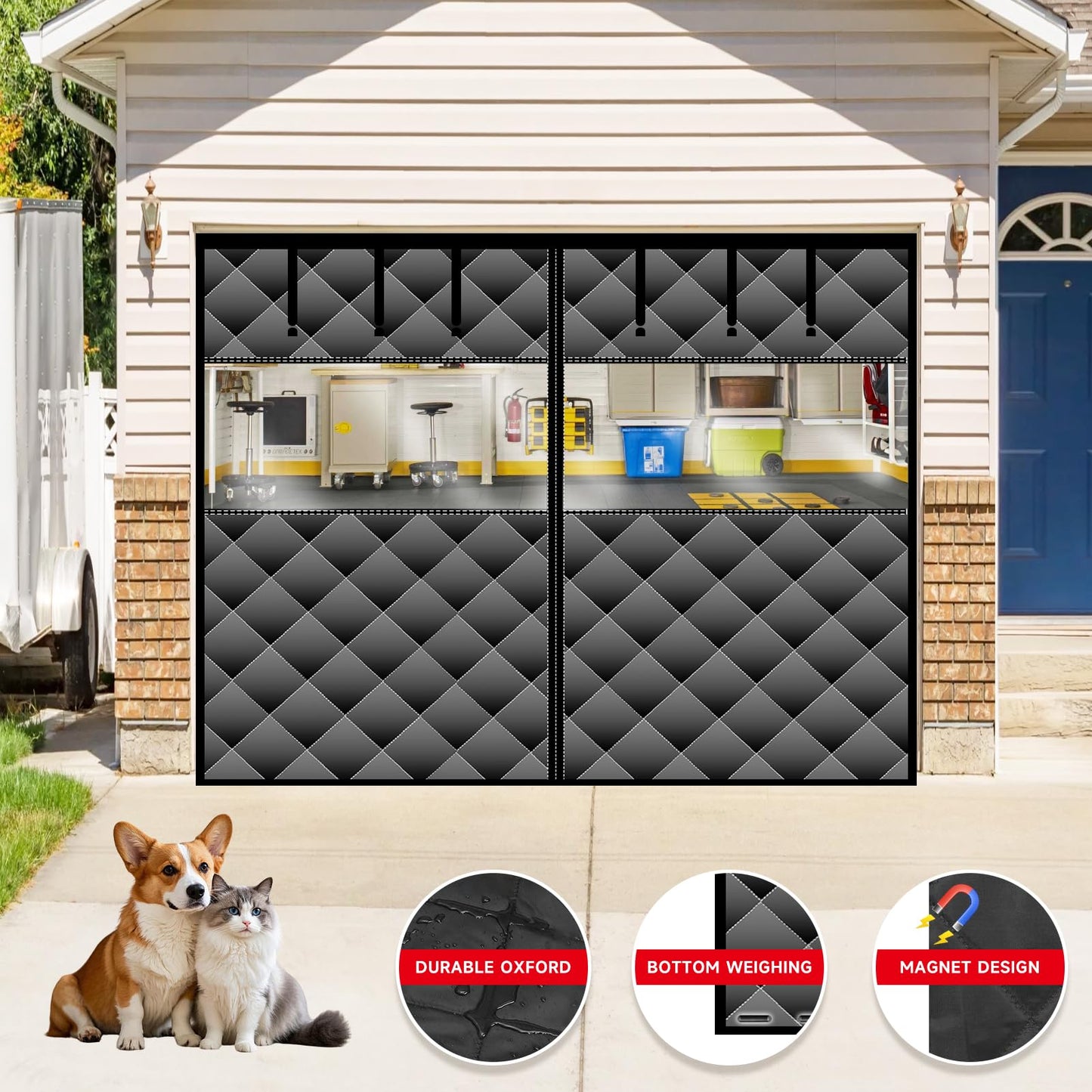 Magnetic Thermal Insulated Door Curtain with Detachable Visible Windows, Thicken Polyester Fiberfill & Durable Oxford Fabric, Hands Free Windproof Door Screen, Fit Doors Size Up to 9 x 7 FT, Black