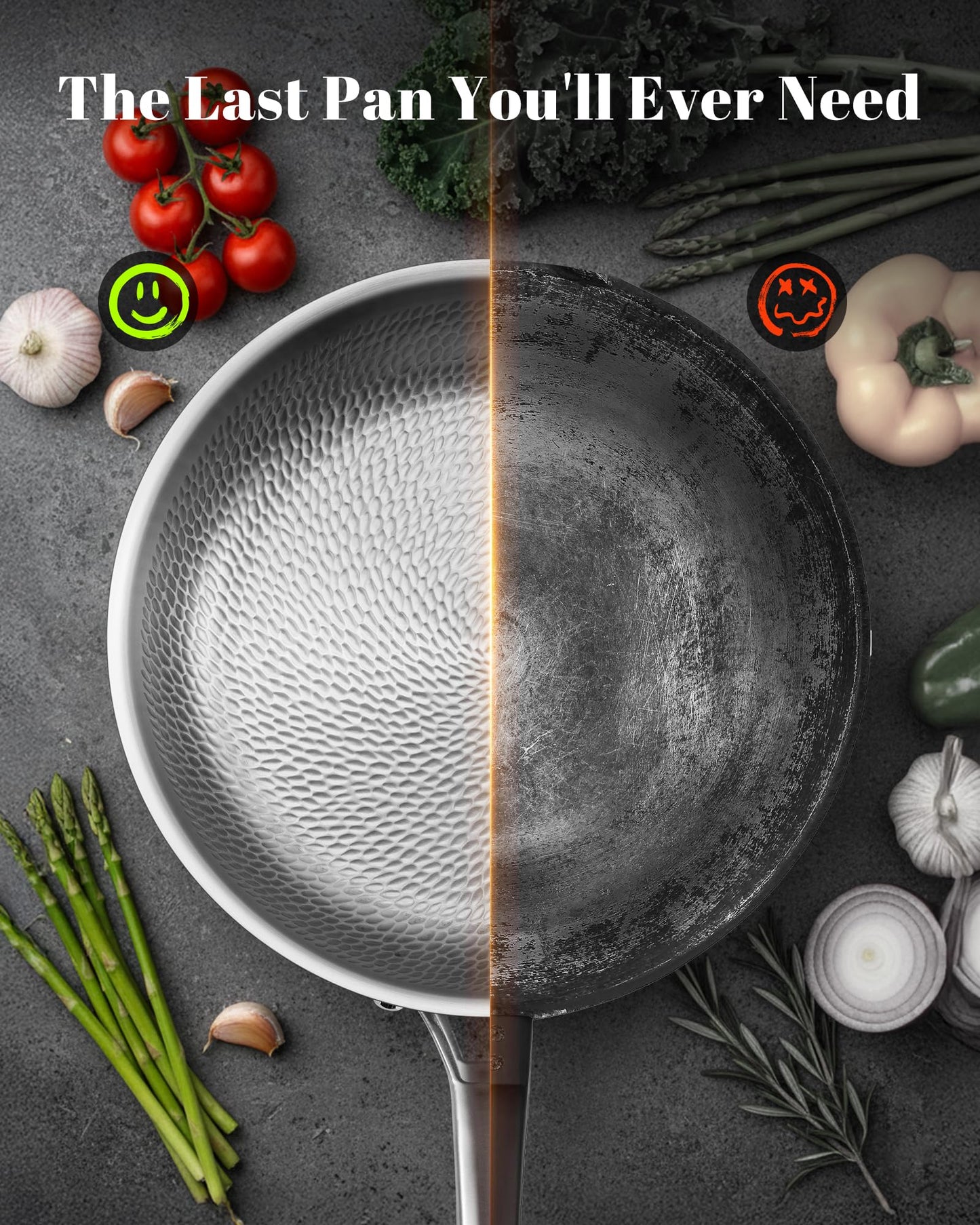 VEDNHOL Titanium Wok Pan,13in Pure Titanium Hammered Pro pans, Non Stick Skillet for Cooking, Non-Toxic, PFAS/PFOA/PTFE Free Cookware, Dishwasher&Oven Safe, Kitchen Induction Compatible