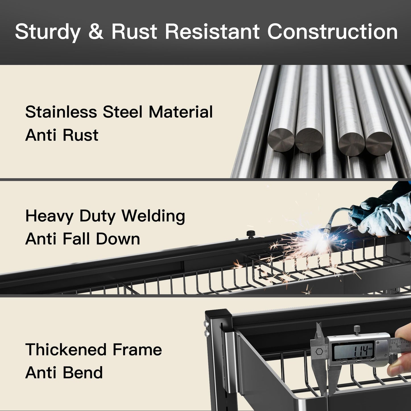 3 Tier Extra Large Stainless Steel Expandable Over The Sink Dish Drainer Drying Rack, Rust Proof Metal, Space Saving, Modern Black Big Capacity Extendable Plate Strainers Above Kitchen Counter