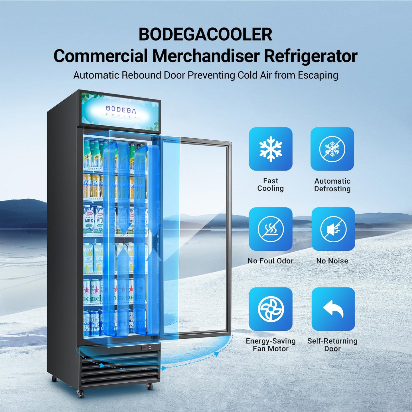 BODEGA BODEGACOOLER 15.5 Cu. Ft Commercial Beverage Refrigerator, Glass Door Upright Display Cooler, 420 Cans Drink Fridge with LED Light, 5 Adjustable Shelves, Lock, Black