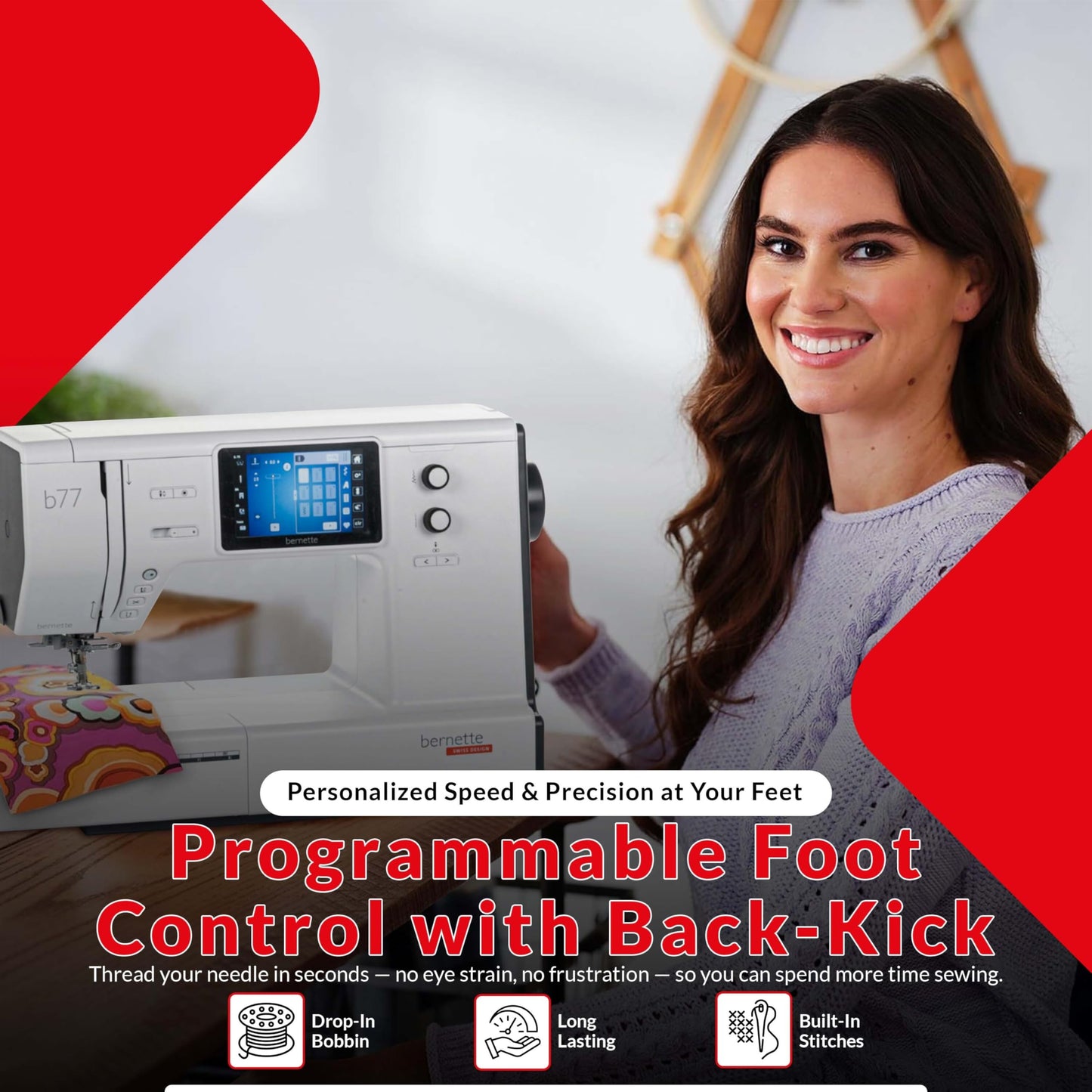 Bernette B77 Computerized Sewing Machine | Heavy Duty, Quilting & Embroidery Kit with Extension Table, Presser Feet, Bobbins, Thread Spools, Needles, Rotary Cutter, LCD Display & $200 Bonus Bundle