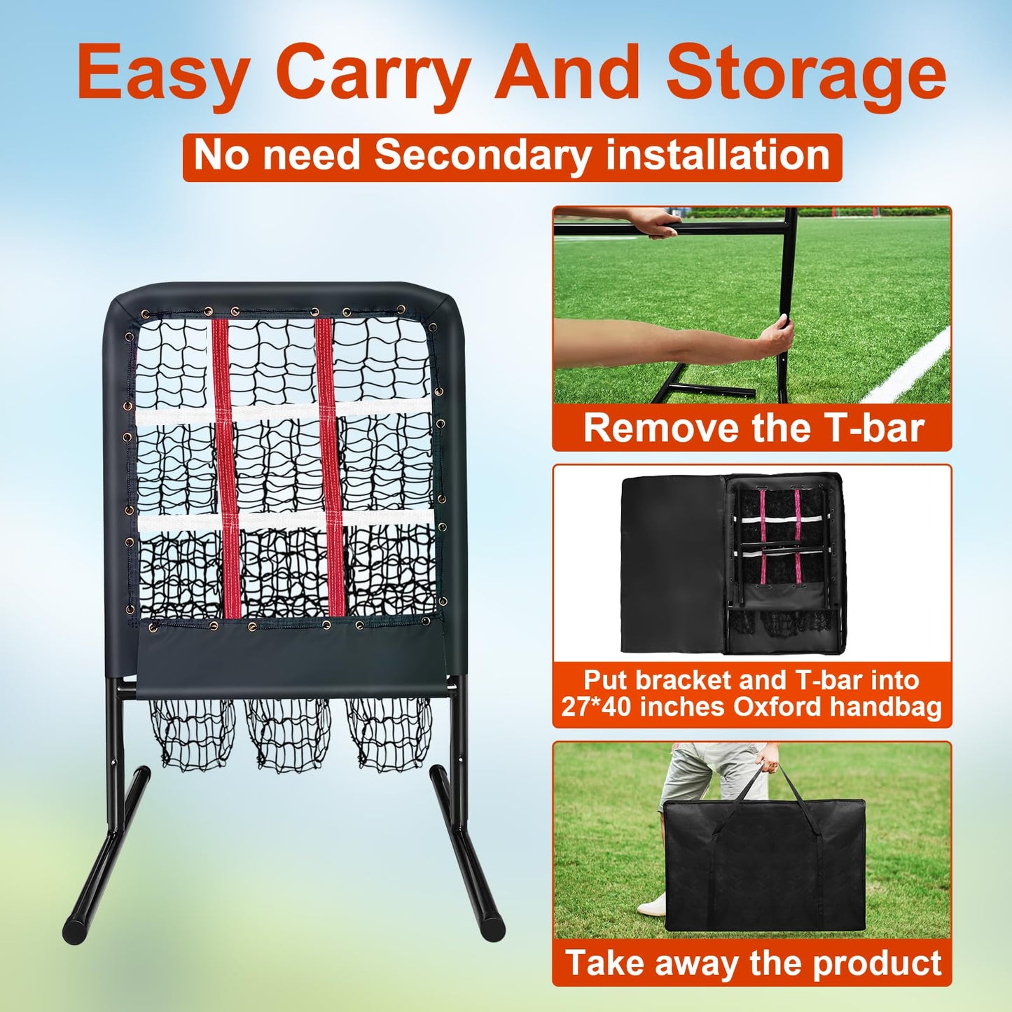 9 Hole Pitching Net with Strike Zone and Handbag, Fixed by 4 Ground Stakes & 2 Sandbags. Adjustable Heights (39-46in) for Pitching Target Net, Softball Training
