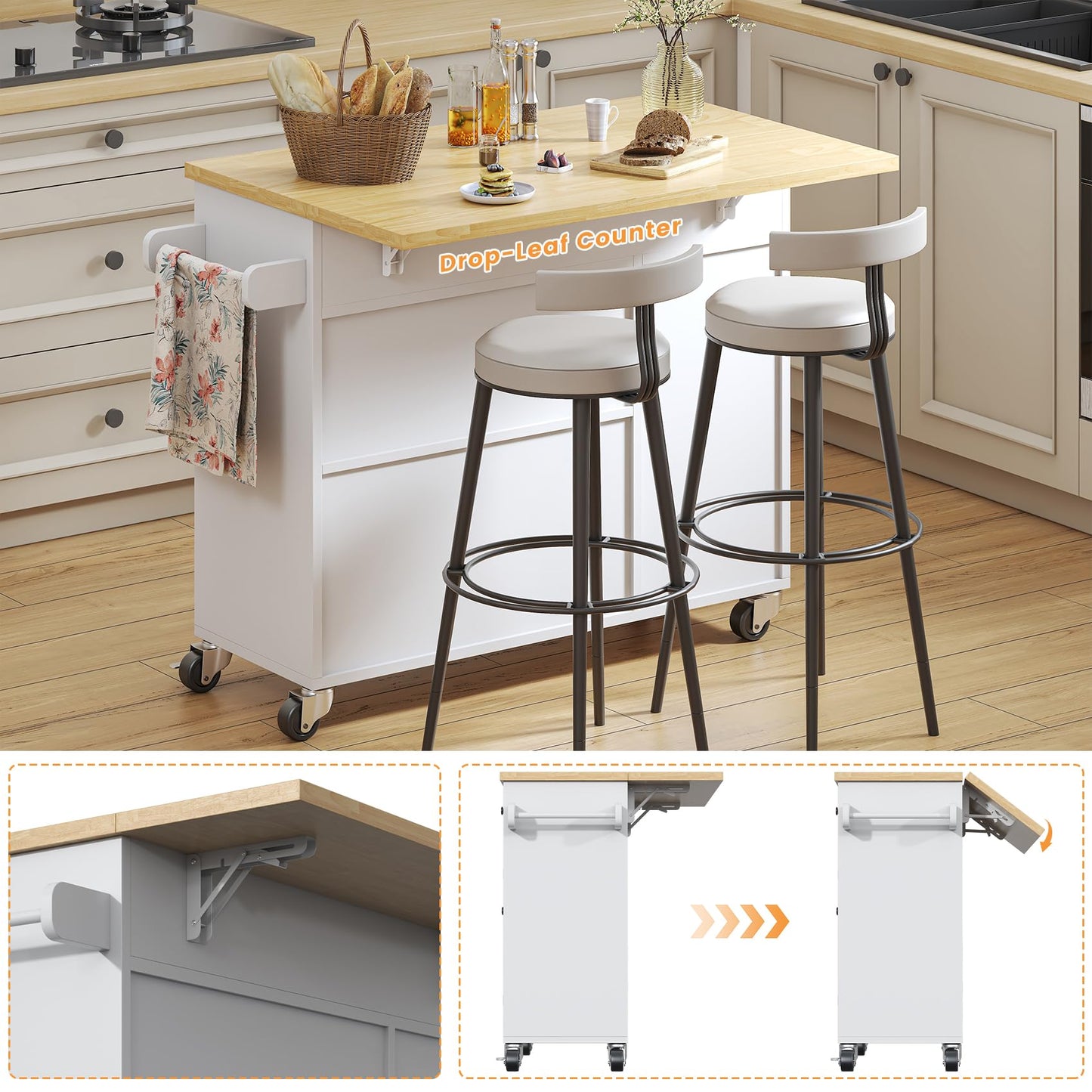 Bigbiglife Kitchen Island with Drop Leaf, Island Table on Wheels with Storage Cabinet, Modern Sideboard Buffet with Doors, Rolling Kitchen Island Cart for Dinning Room,White