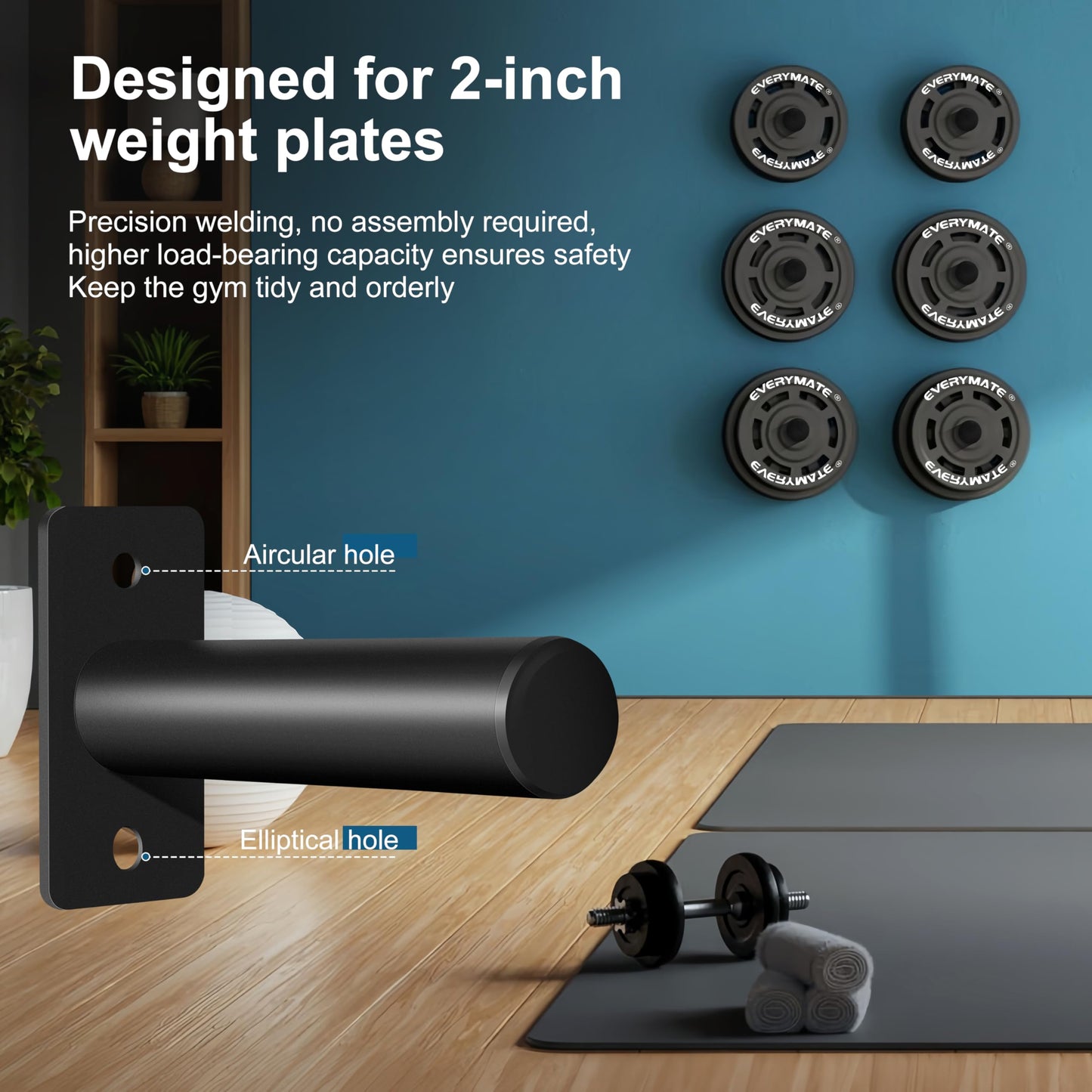 EVERYMATE Weight Plate Rack, Wall Mount Weight Plate Holder for Bumper Plates, Max Weight Capacity 330 lb, Home Gym Organizer