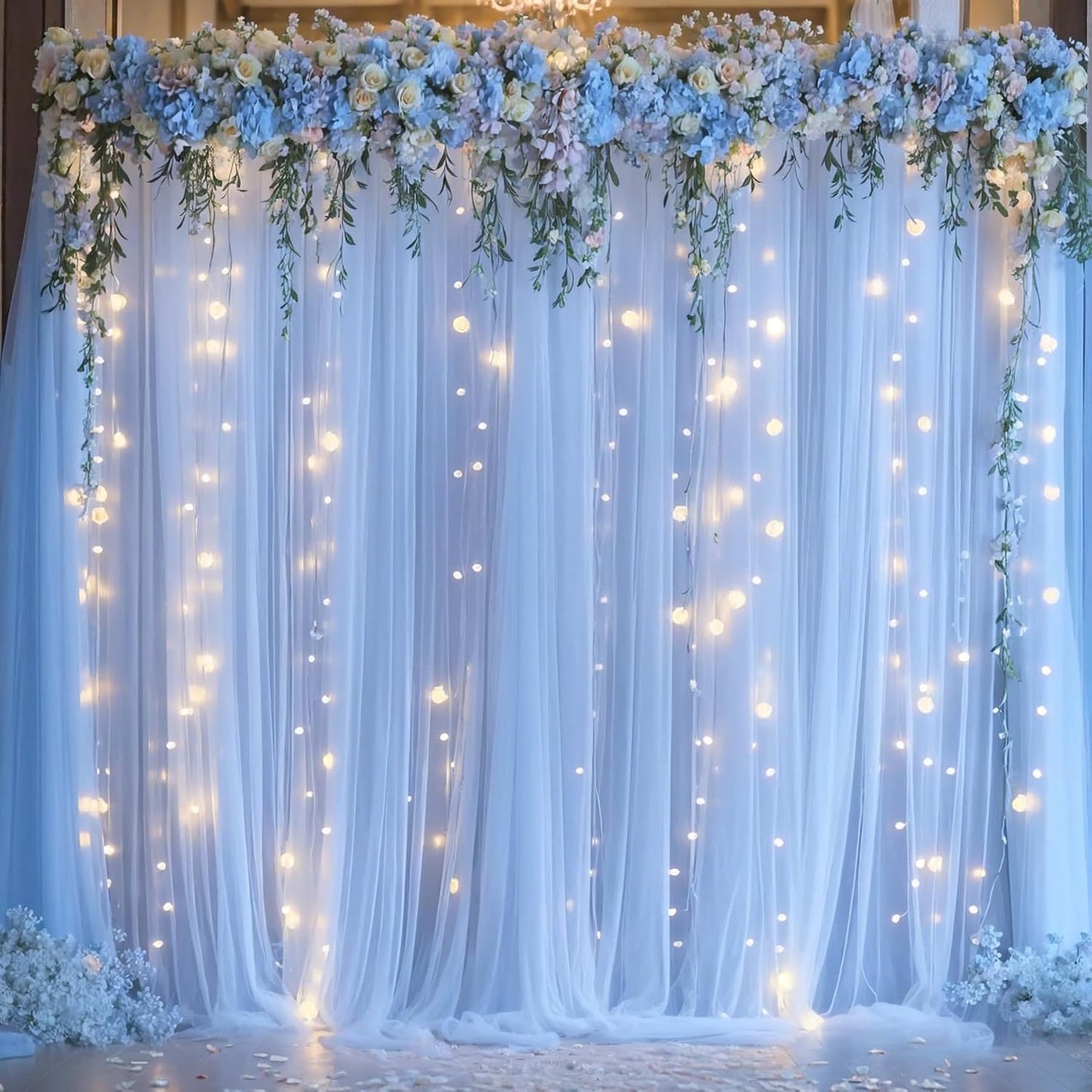 Suppromo 10ft 10ft x Baby Blue Tulle Photo Backdrop Curtain with Lights String for Parties Wedding Sheer Blue Curtain