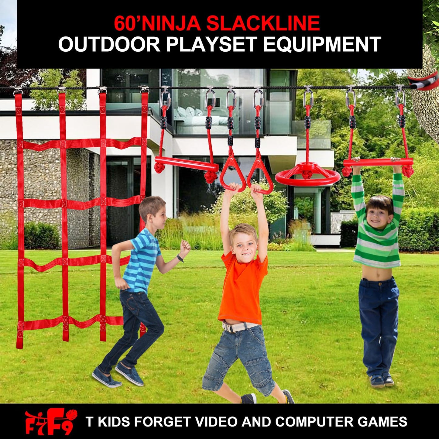 60FT Ninja Warrior Obstacle Course for Kids - Slackine Playset with Monkey Bars, 364lbs Capacity, Adjustable Height, Indoor/Outdoor Backyard Training Equipment,Birthday Gift fo Boys Girls Ages 4-12