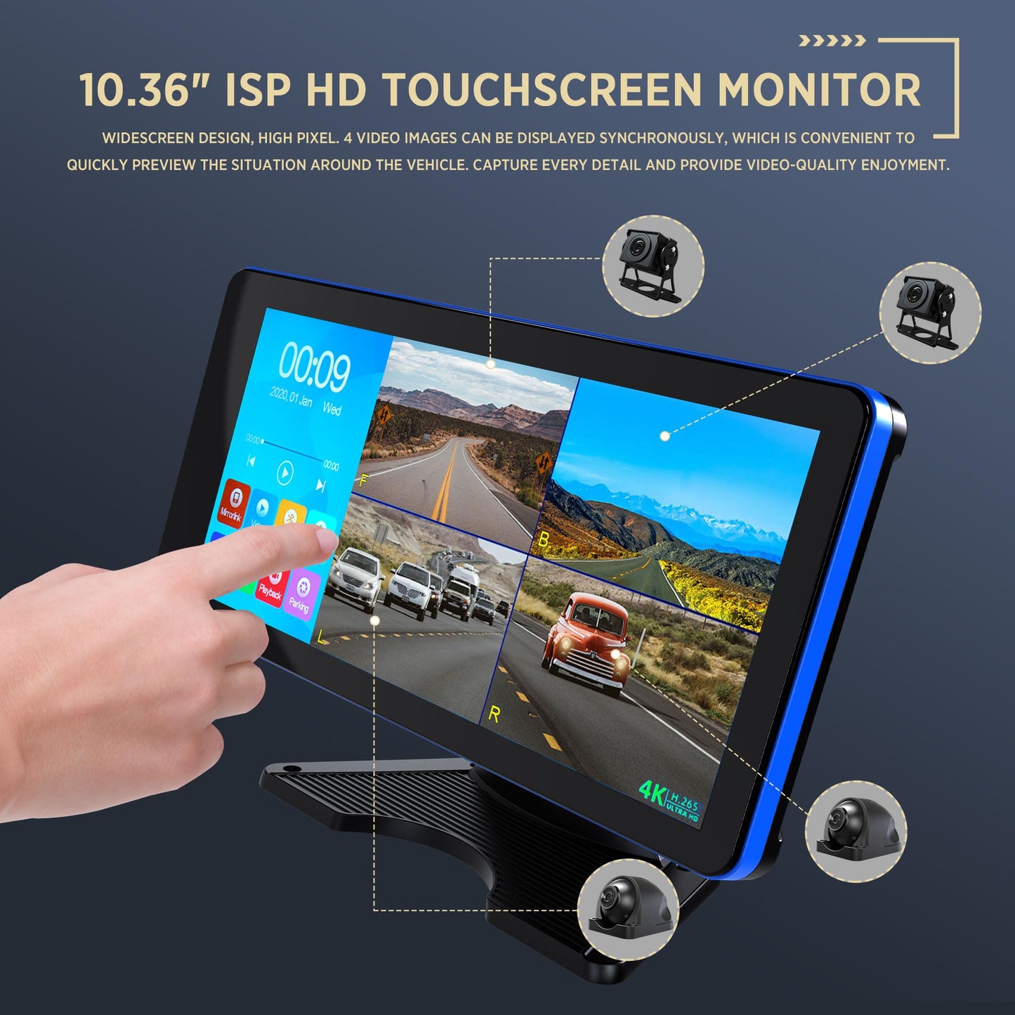ASLONG 4K Backup Camera 4CH Dash Cam with 10.36" Quad Split Touch Screen & 4 AHD Front Rear Sides View Camera w/DVR Recording Music Video Playback Avoid Blind for RV Semi Trailer Truck Van