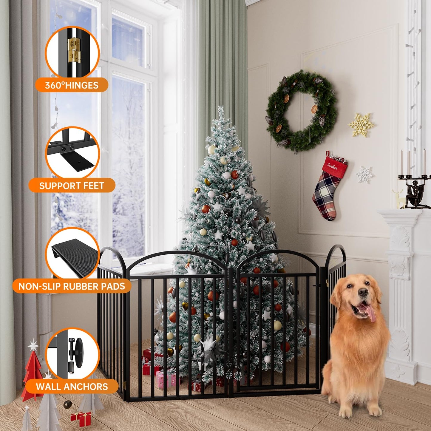 SNUOWU 4 Panels Full Matel Freestanding Dog Gates with Door, 96"Extra Wide 32"Tall Free Standing Dog Pet Gate for Indoor & Outdoor. Foldable Pet Fences for Doorways, House, Stairs, Porch, Deck, Yard