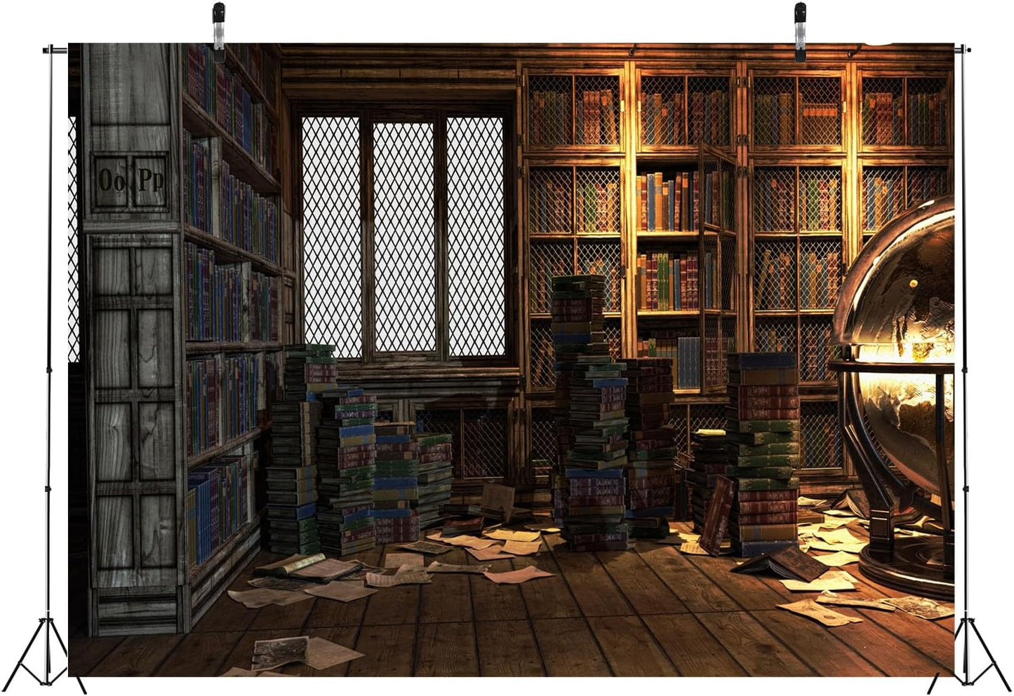 BELECO 5x3ft Fabric Magical Fantasy Library Backdrop Vintage Wooden Bookshelf Backdrop Antique Book Racks Globe Ancient