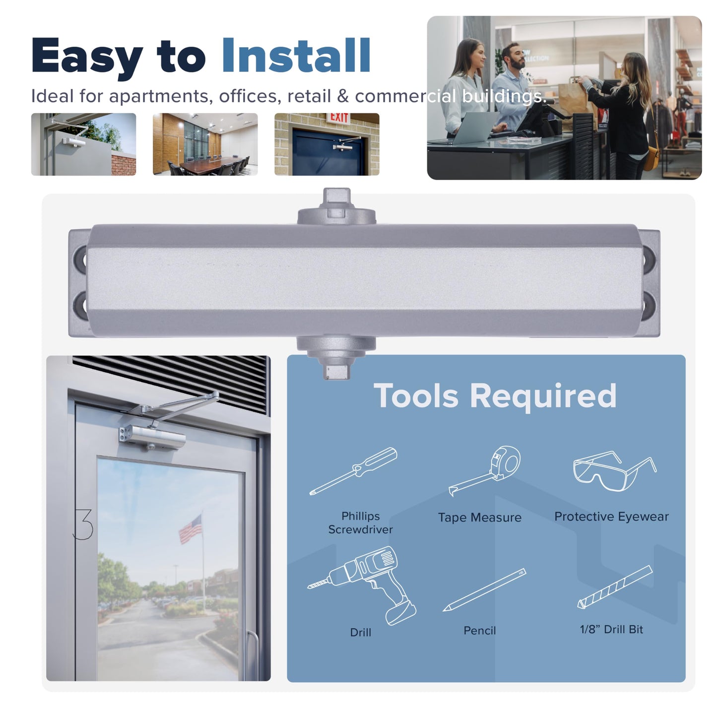 Commercial Door Closer Heavy Duty - Automatic Door Closer for Commercial Use - Grade 1 Auto Hydraulic Spring Hinge - FS-6300 UL & ADA ANSI A156.4 Grade 1 Door Closers Closure Soft Closing Arm