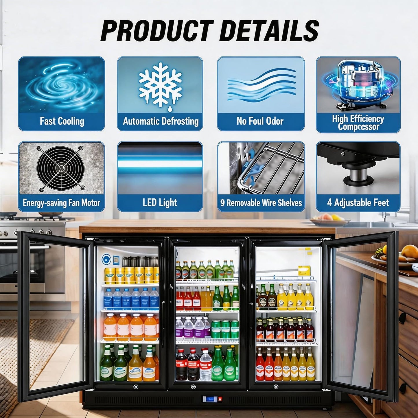 Back Bar Cooler Under Counter Beverage Refrigerator, 12.8 Cu Ft Undercounter Fridge,3 Door 5 inch Commercial Beer Built-In Cooler with LED Light Adjustable Shelves Safety Locks,ETL Approval