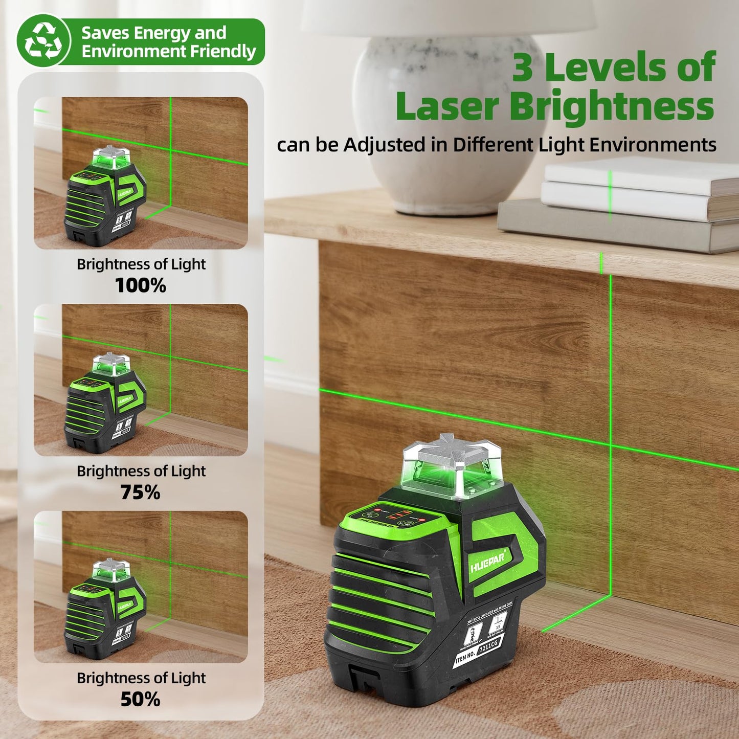 Huepar Self Leveling Laser Level Green Cross Line Laser Tool with 2 Plumb Dots, Fathers Days Dad Gifts-360° Horizontal Line&140° Vertical Level Laser with Up&Down Points -Magnetic Bracket&AA Batteries