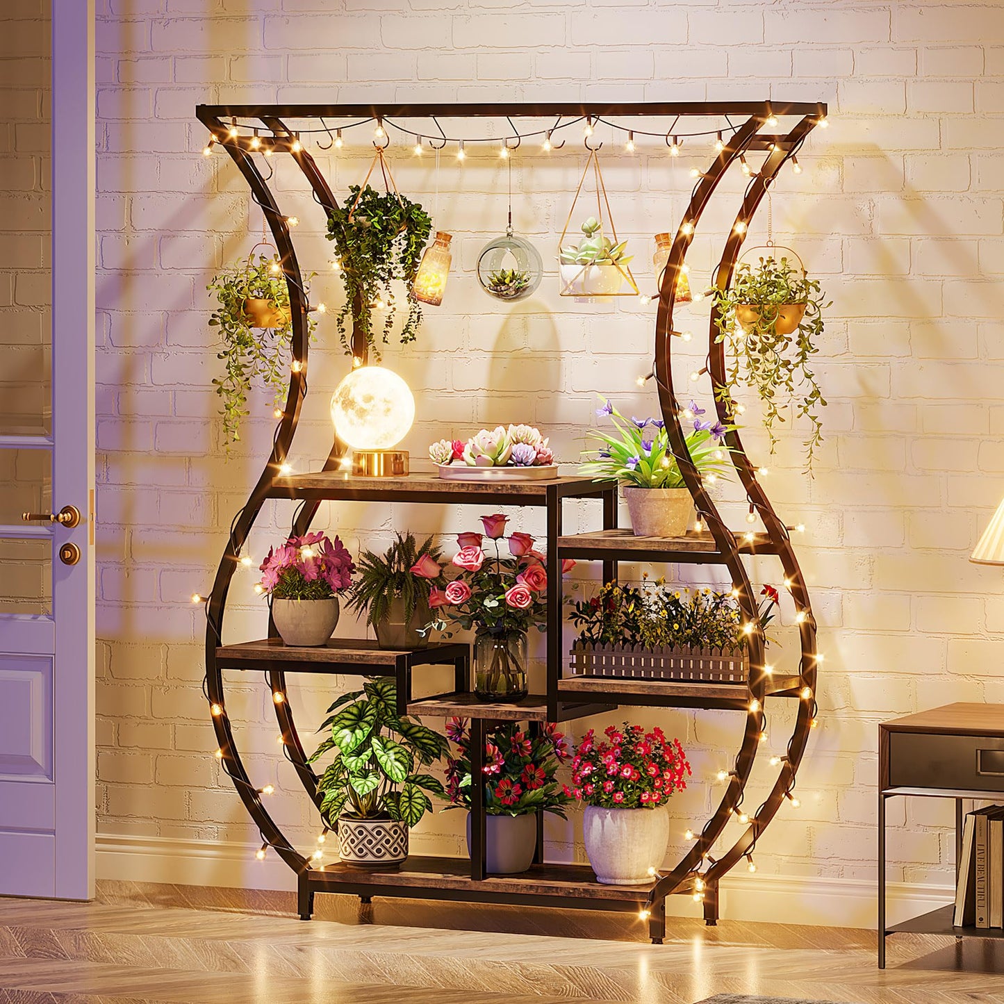 LITTLE TREE 6-Tier Plant Stand, 70.9 Inches Tall Industrial Plant Shelf with 10 Hanging Hooks, Potted Plants Flower Bonsai Pots Display Rack for Living Room, Garden, Balcony, Rustic Brown