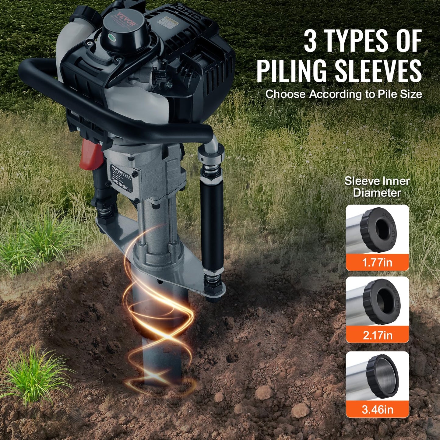 VEVOR 37.77cc Gas-Powered T Post Driver, 4-Stroke Engine Gasoline Fence Piling Pounder, with 3 Post Driving Head(45/55/88 mm), 1000W Portable Piledriver For Farm, Ranch Fencing, Road Improvements