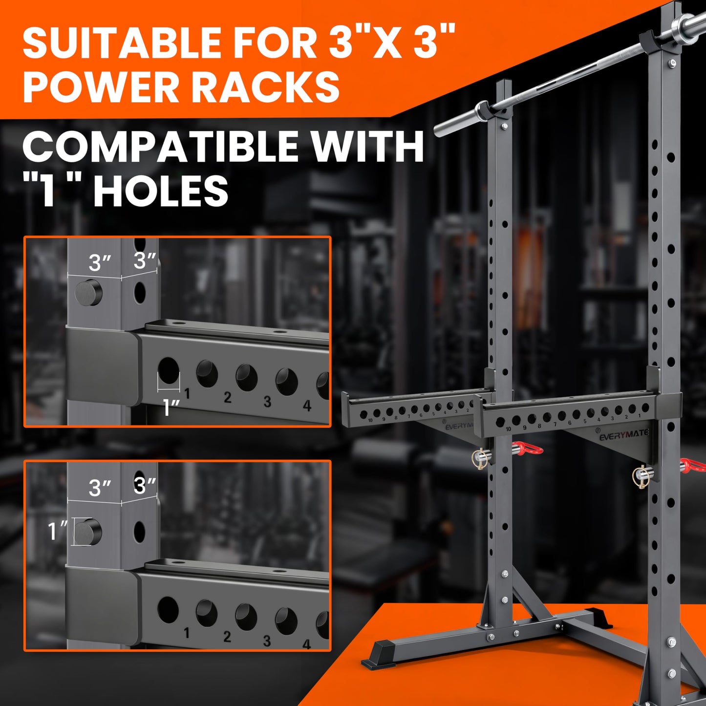 EVERYMATE Safety Spotter Arms, Fits 3"x3" Power Racks with 1" Holes, Heavy Duty 1000LBS Capacity Squat Rack Safety Bars with UHMWPads for Home/Garage Gym Strength Training, Weight is 37LB
