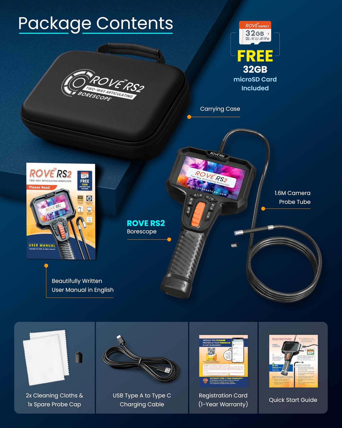 ROVE RS2 Two-Way Articulating Borescope Camera with Light, 1080P Industrial Endoscope Inspection Camera with 180° Articulated Slim 6.2mm Probe, 4.3” IPS Screen, for Wall Automotive, Mechanics, and DIY