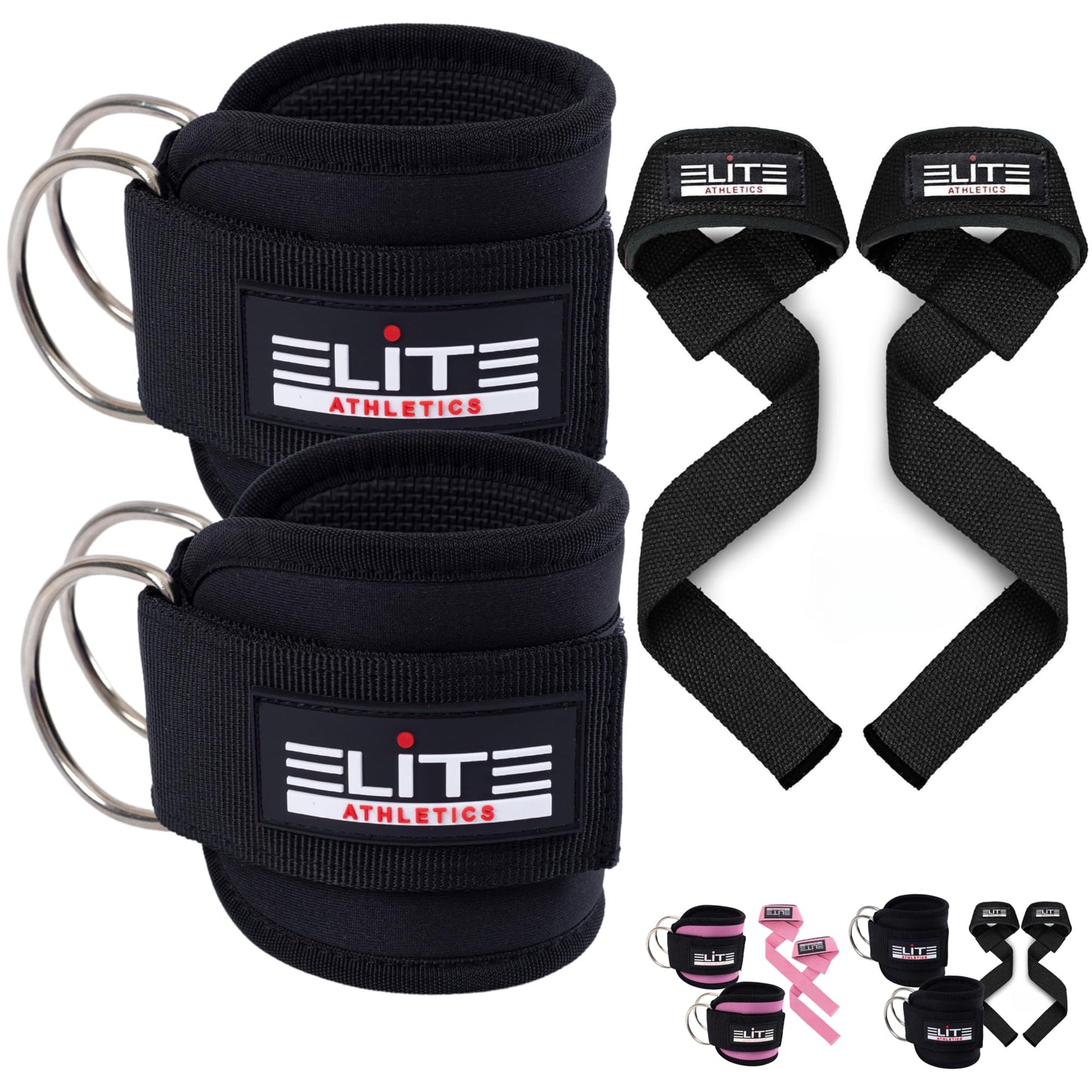 Elite Athletics - Ankle Straps for Cable Machine & Wrist Lifting Straps Set for Weightlifting, Cable Kickbacks, Glute Workouts, Deadlifts & Strength Training – Adjustable 8MM Padded Neoprene Gym Straps for Men & Women