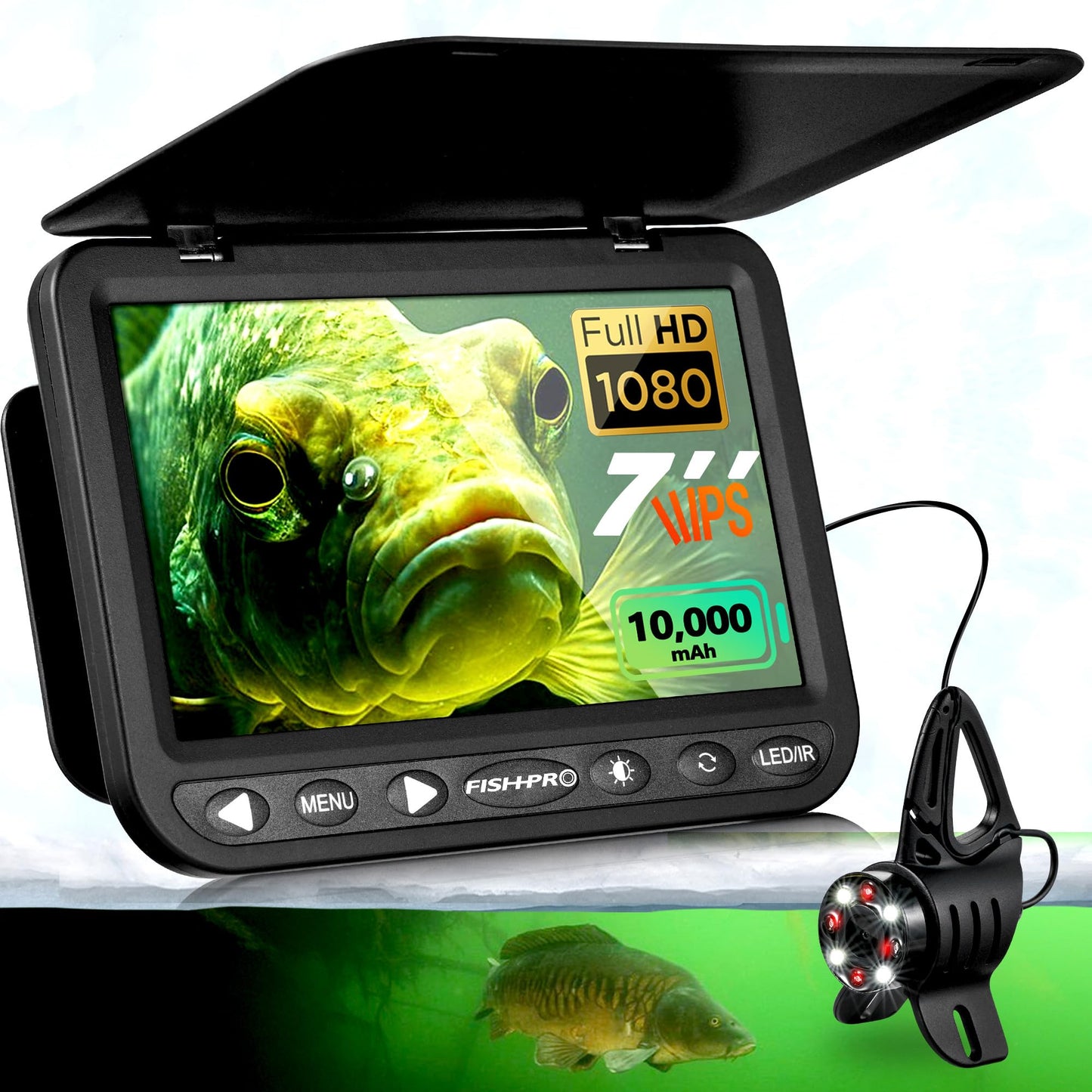 [FishPRO® 2026 Upgrade] NO.1 HD 1080P Underwater Fishing Camera 7'' IPS- w/10,000mAh (Ease to Use) N/DVR Ice Fishing Camera, Fish Finder Camera for Ice Lake Boat Fishing w/USB-C, LED+IR, 82ft