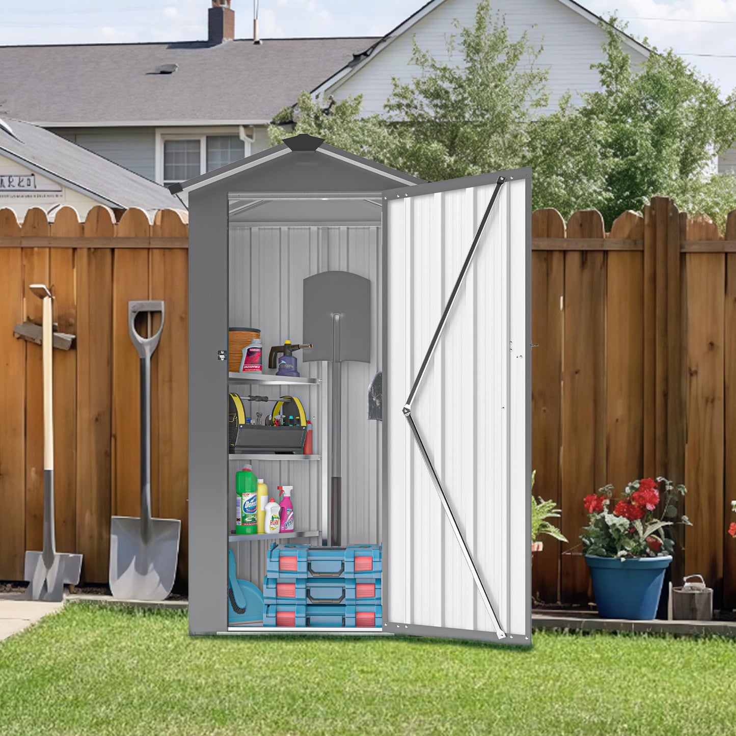 YOPTO 2.5x1.4 FT Outdoor Storage Shed, Tool Shed with Waterproof Roof and Lockable Door,Metal Shed with Adjustable Open Shelves for Backyard Garden Patio Lawn,Black