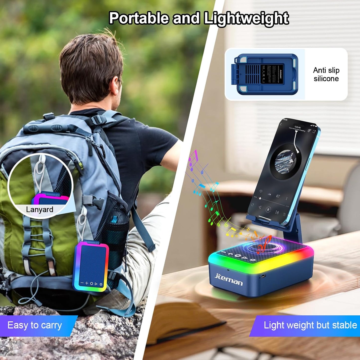 JTEMAN Gifts for Men Women Cell Phone Stand with Bluetooth Speaker and Light, Portable Lanyard, Cool Tech Gifts for Dad
