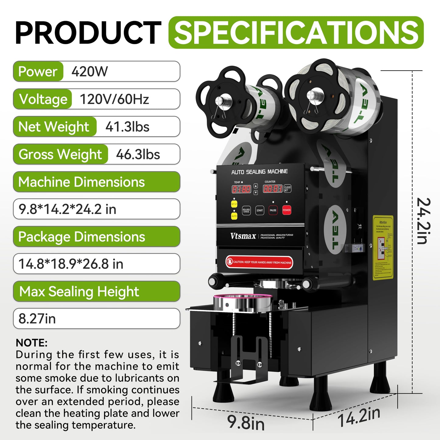 Vtsmax Automatic Cup Sealing Machine 90/95mm, 500-700 Cups/H Electric Cup Sealer with Counting LCD Panel for Bubble Tea, Milk, Juice, Coffee and Boba Shop etc. (Black)