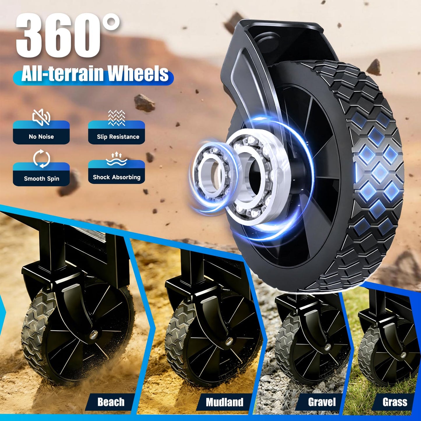 Collapsible Wagon Cart Foldable with Wheels - 360LBS Large Heavy Duty Folding Utility Wagon with All-Terrain Wheels & Brakes for Shopping Garden Beach Camping, 2 Drink Holders/Lightweight/Black