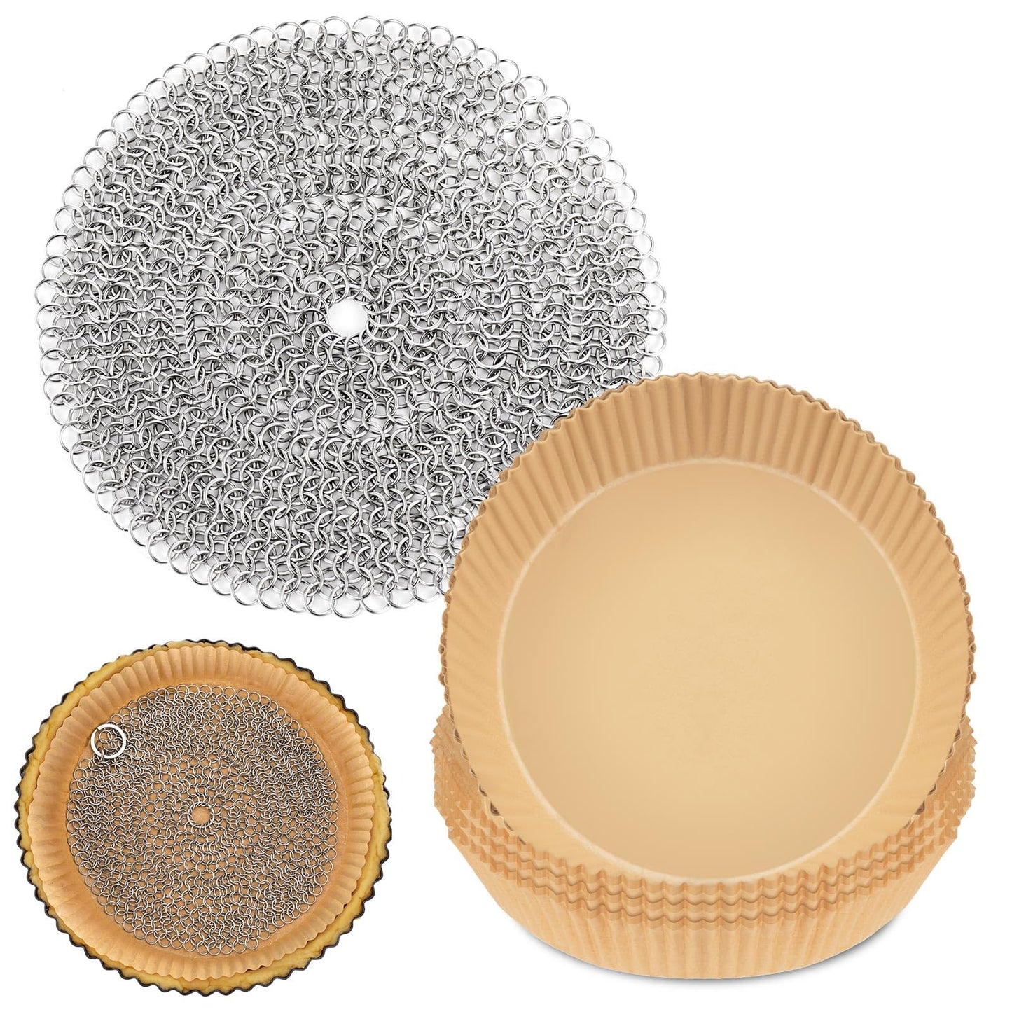 Patelai 1 Pcs Stainless Steel Pie Weight with 50 Pcs Disposable Parchment Paper for Baking Universal Fit for 7-10 Inch Pies Round Metal Chain Dishwasher Safe Durable for Blind Dough Kitchen Cooking