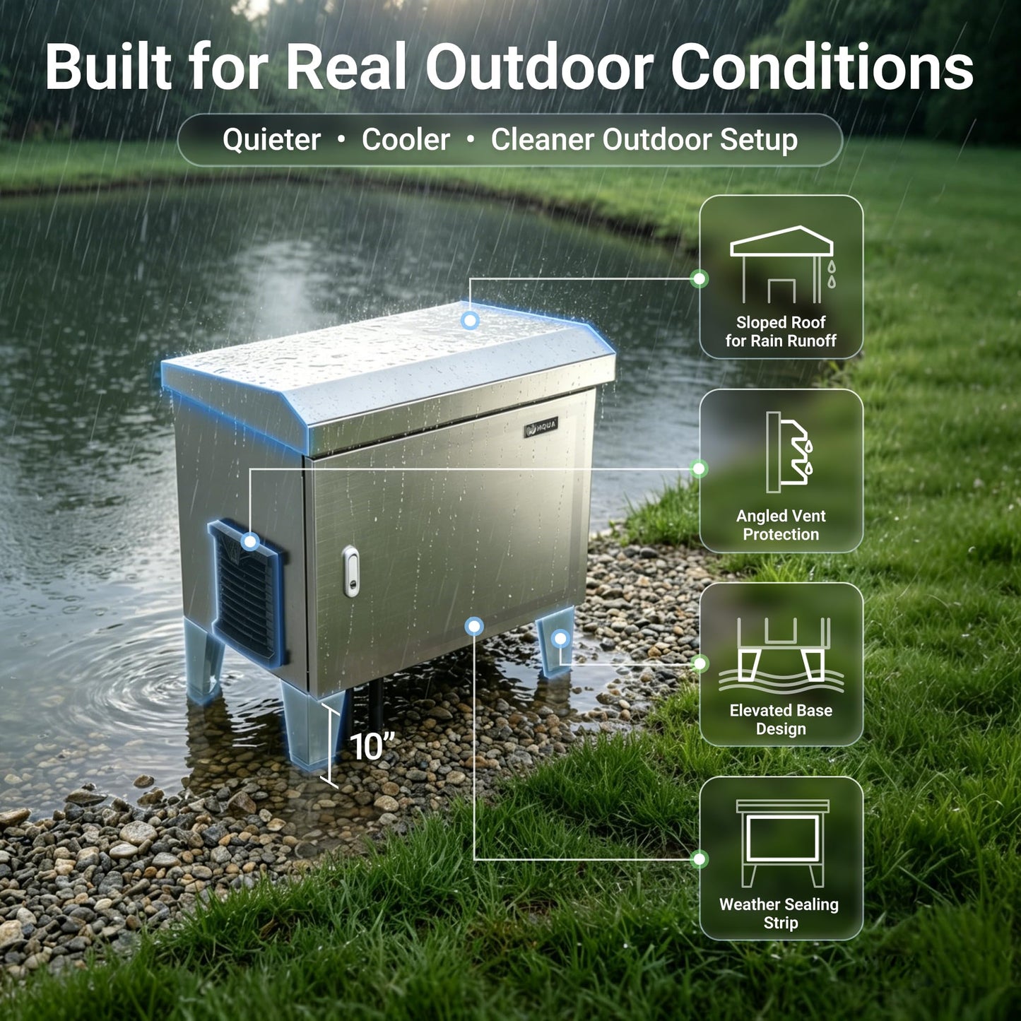 HQUA PRO Stainless Steel Pond Aerator Pump Cover Cabinet, Corrosion-Resistant Outdoor Protection System with Cooling Fan, Pre-Wired Outlet & 10 ft Power Cord, Heavy-Duty Enclosure