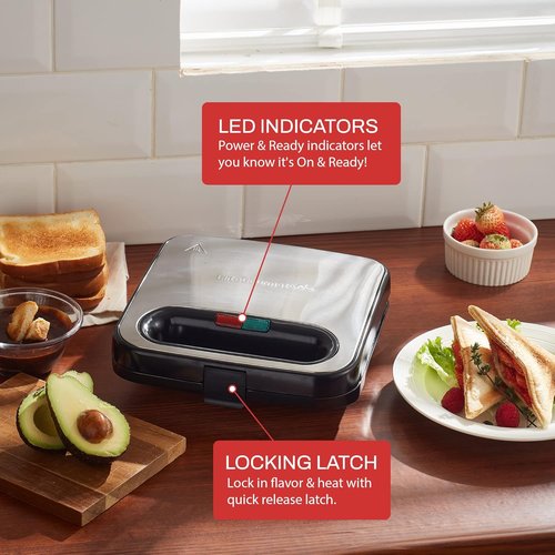Elite Gourmet Sandwich Panini Maker - Non-Stick Grilled Cheese & Omelets, 2 Slice, 750 Watts, Stainless Steel