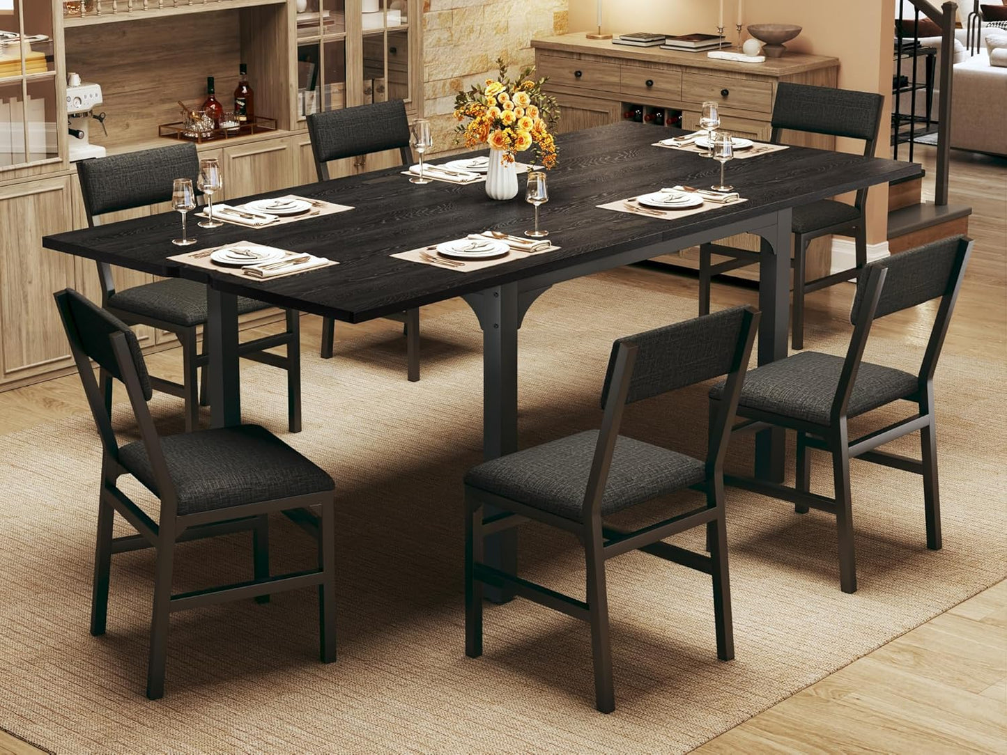 Regine Switzerland 7-Piece Dining Table Set - Extendable Kitchen Table with 6 Cushioned Chairs | Space-Saving Black Design