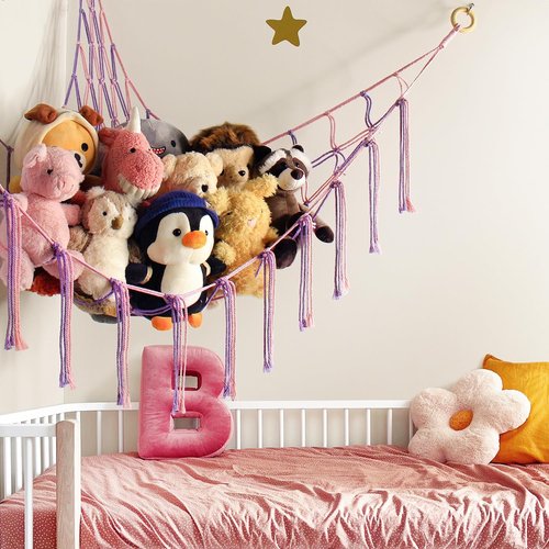 Mirolam Large Stuffed Animal Hammock - Corner Net Toy Storage Organizer for Girls' Room | Pink & Purple Boho Decor