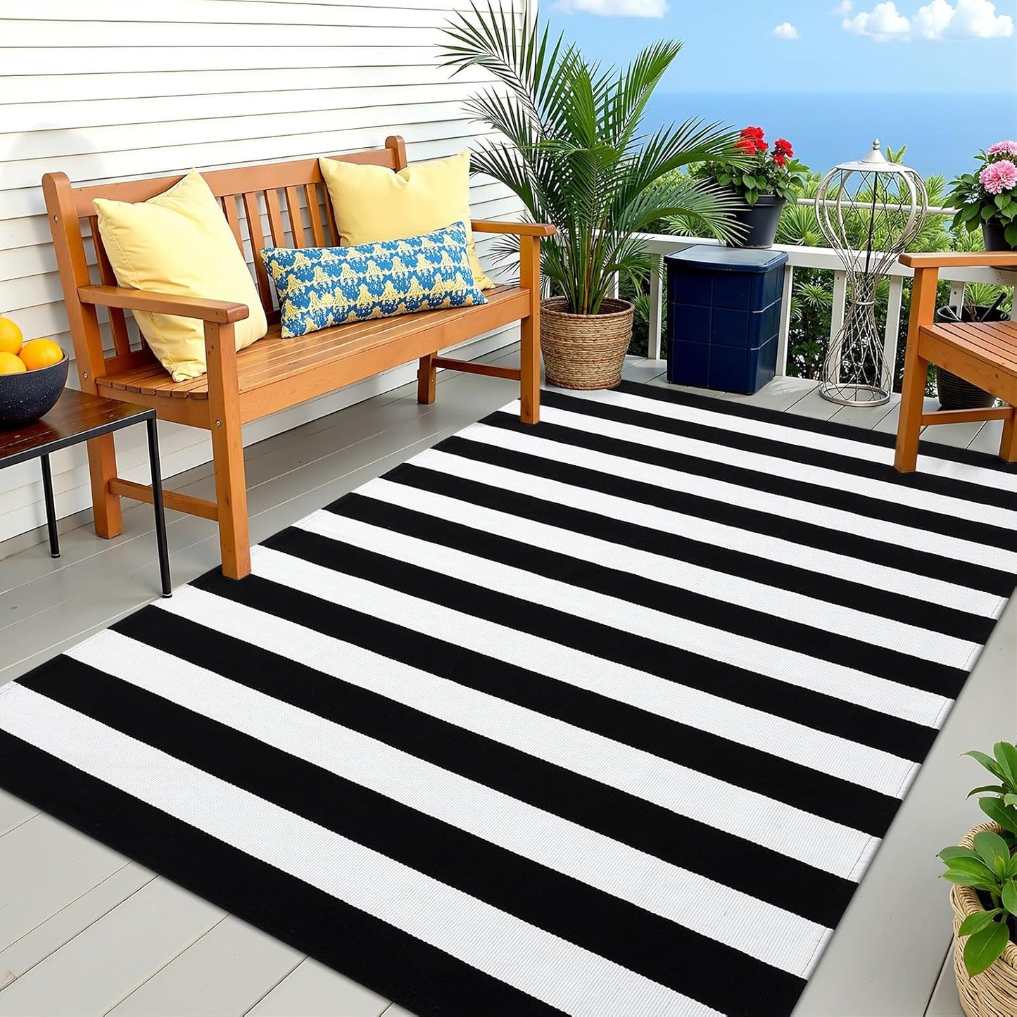 OLANLY Black And White Striped Rug - Washable Cotton Doormat 3' x 5' For Indoor/Outdoor Use