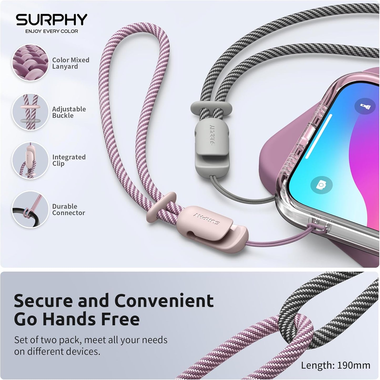2 Pack 2-Color SURPHY Phone Lanyard for Cellphone Case, Phone Wrist Strap for Case, Cellphone Strap with Braided, Charm