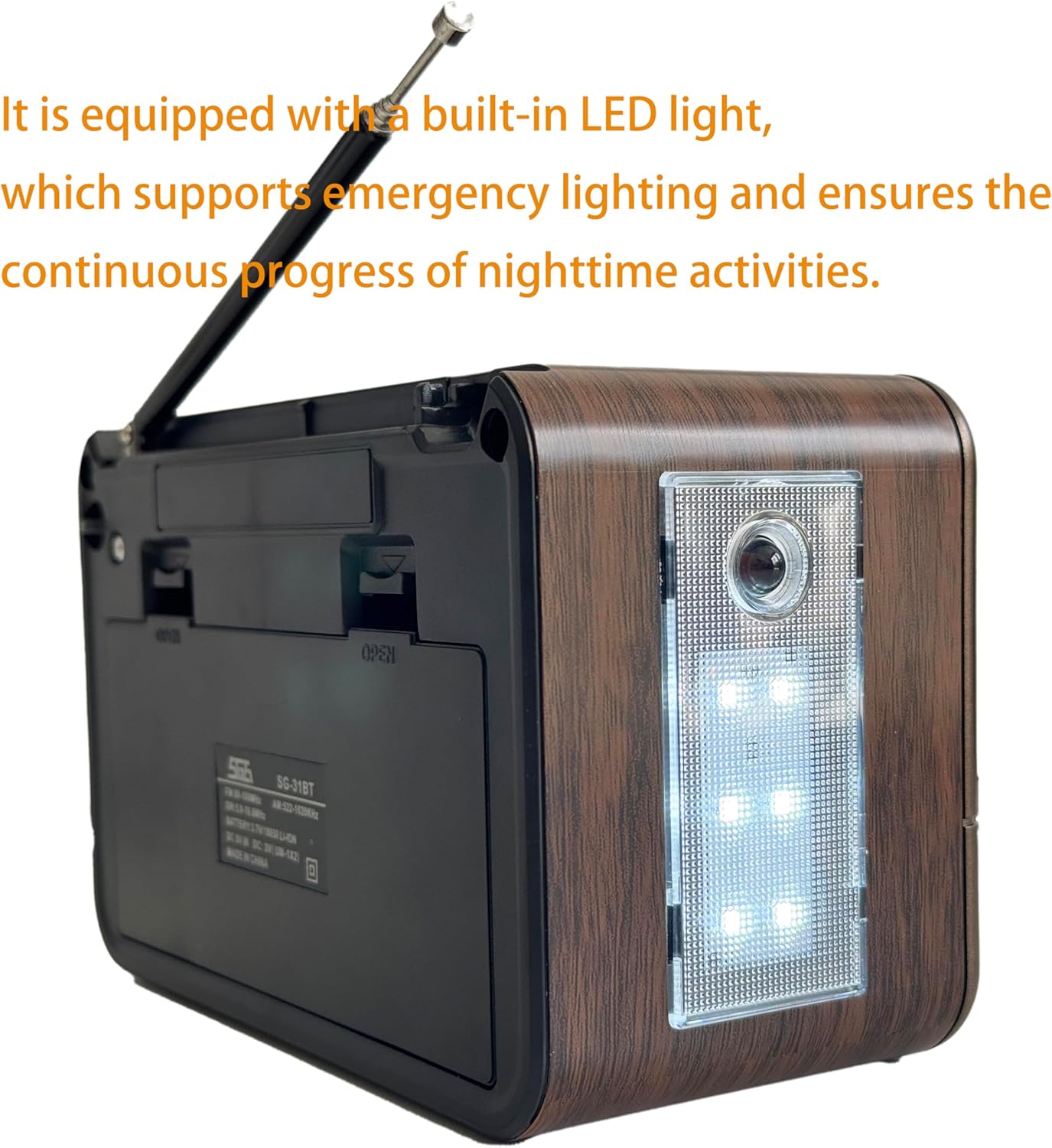 YIONGTAF MP3 Retro AM/FM Portable Radio with Player, Rechargeable Battery, LED Light, Wood Grain Design