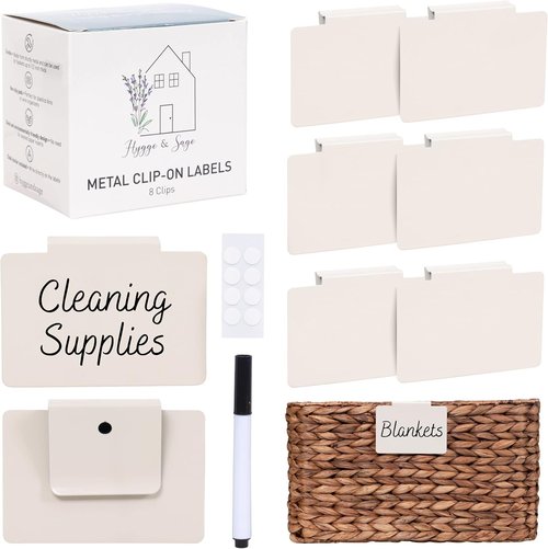 Hygge & Sage Metal Non-Slip Basket Labels - 8 Labels, 8 Non-Slip Pads & Free Marker | Cream