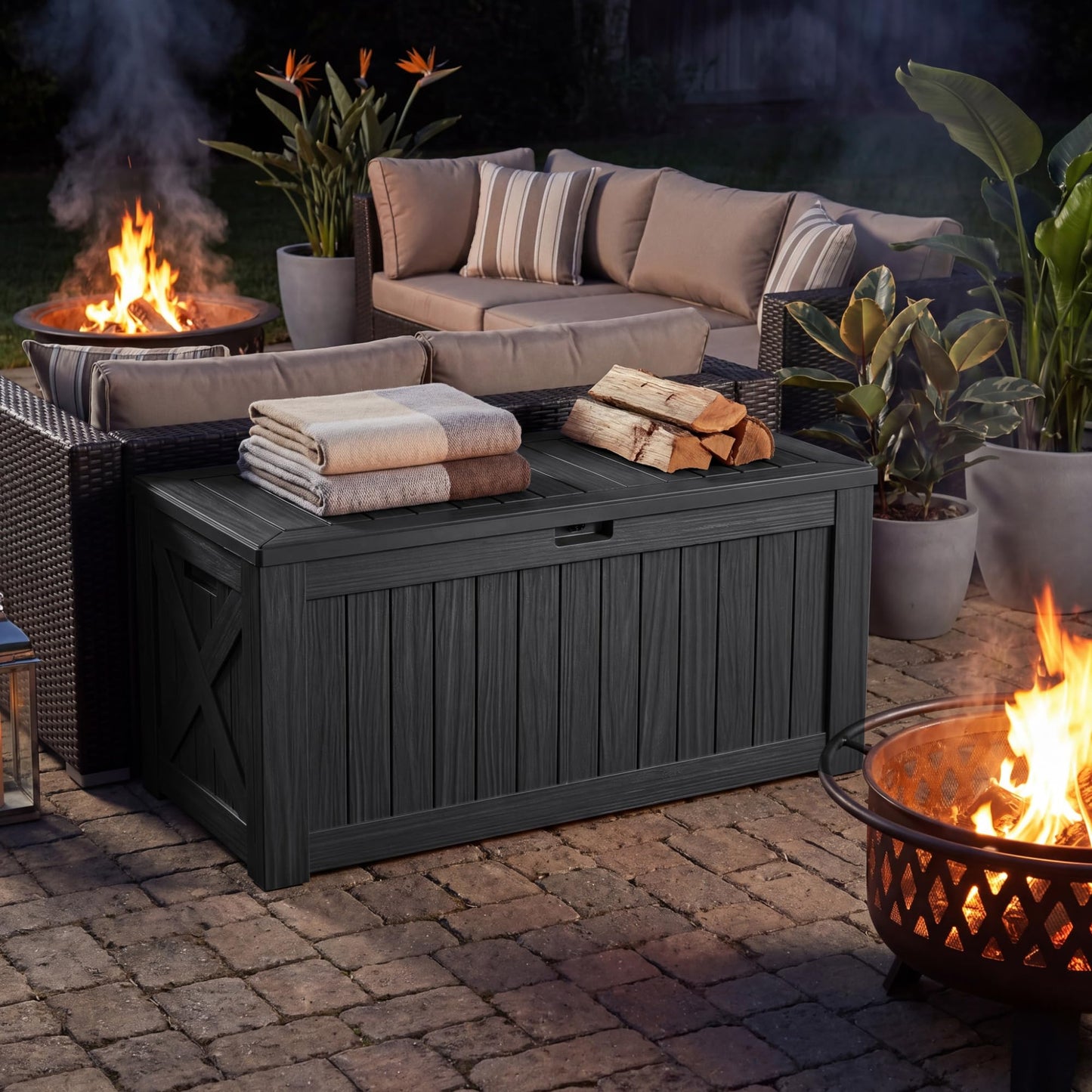 Flamaker Resin Deck Box 120 Gallon Waterproof Large Outdoor Indoor Storage Box Imitation Wood Resin for Patio Furniture Garden Tools and Pool (Black)