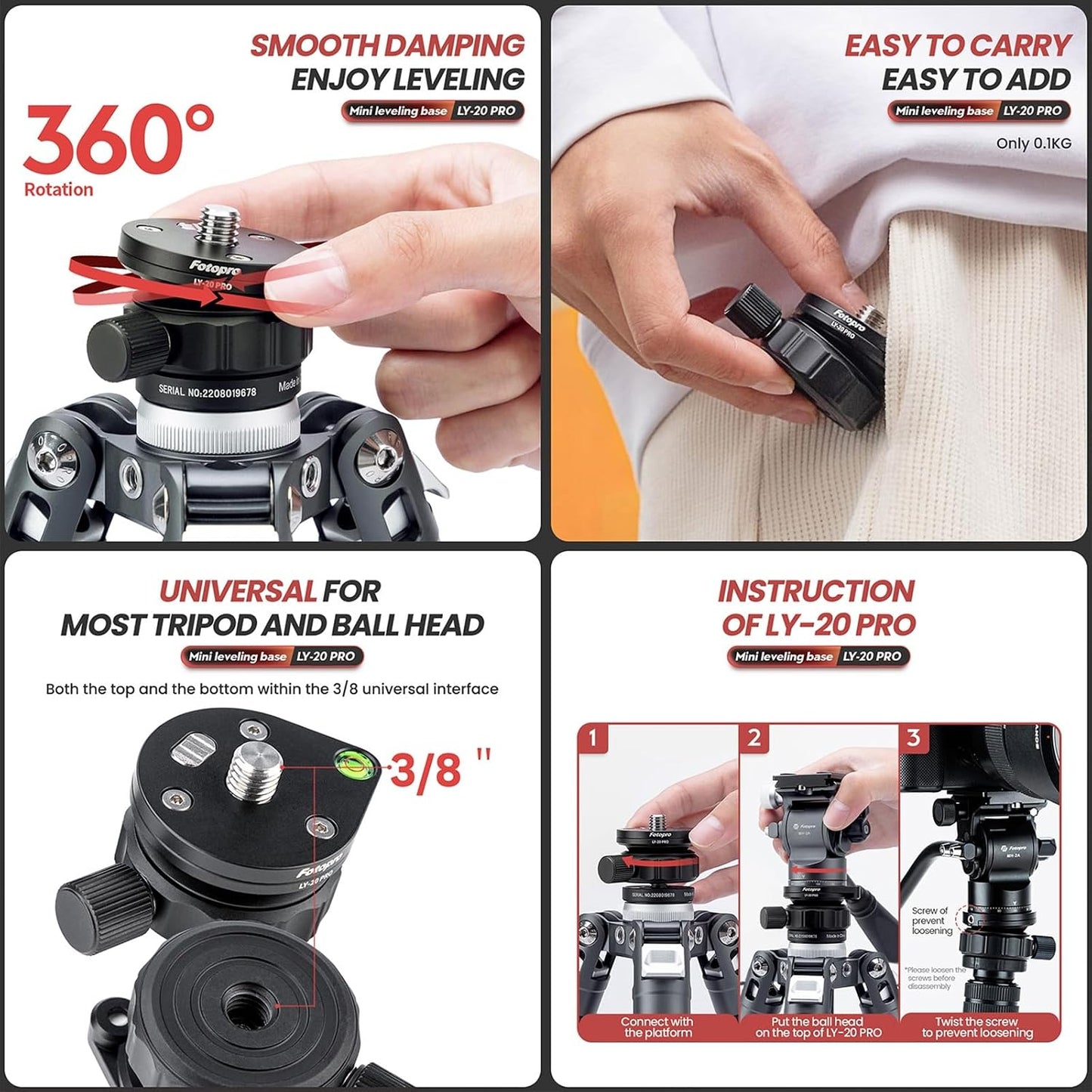 Fotopro LY20 5kg/11lbs Pro Tripod Speedy Mini Leveling Base Universal Horizontal Adjustment Mount for DSLR Camera, Max