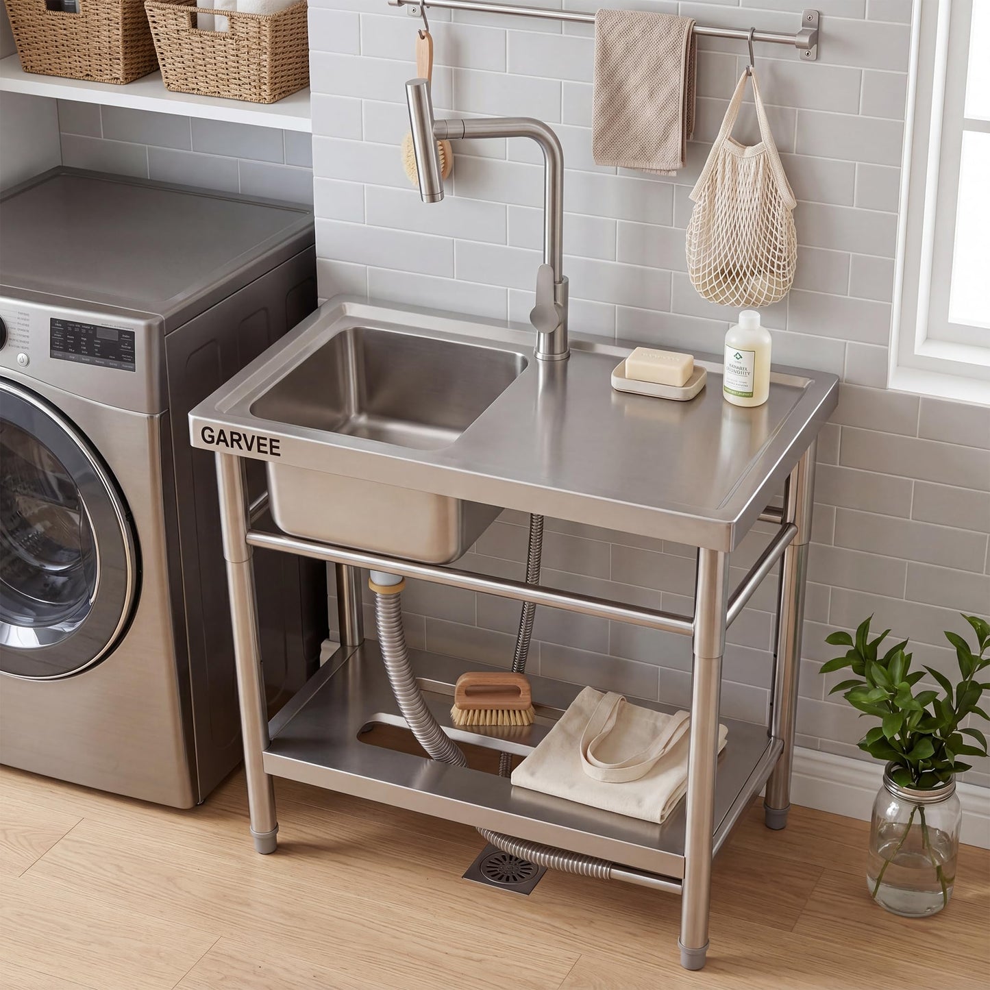 Freestanding Utility Sink 30 x 16 x 30 Inch, Stainless Steel Single Bowl Laundry Sink with Side Drainboard, t-Shape Hot and Cold Water Faucet, Compact Wash Station for Garage Basement Apartment