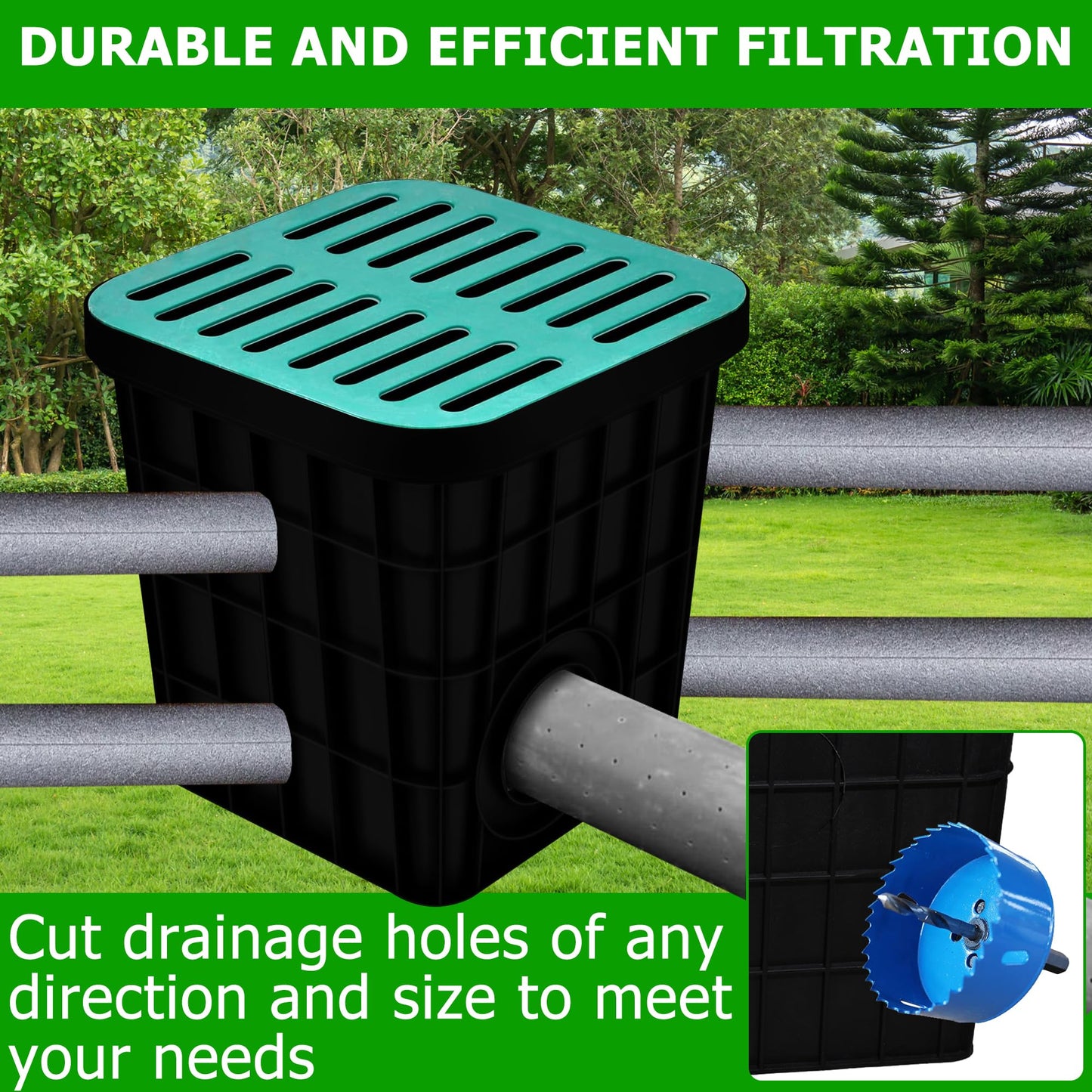 18x18x15 in Large Catch Basin for Drainage with Debris Basket,Catch Basin with Fiber Glass Grate,French Drain Catch Basin Without pre drilled Holes are Suitable for courtyards, downspouts, lawns