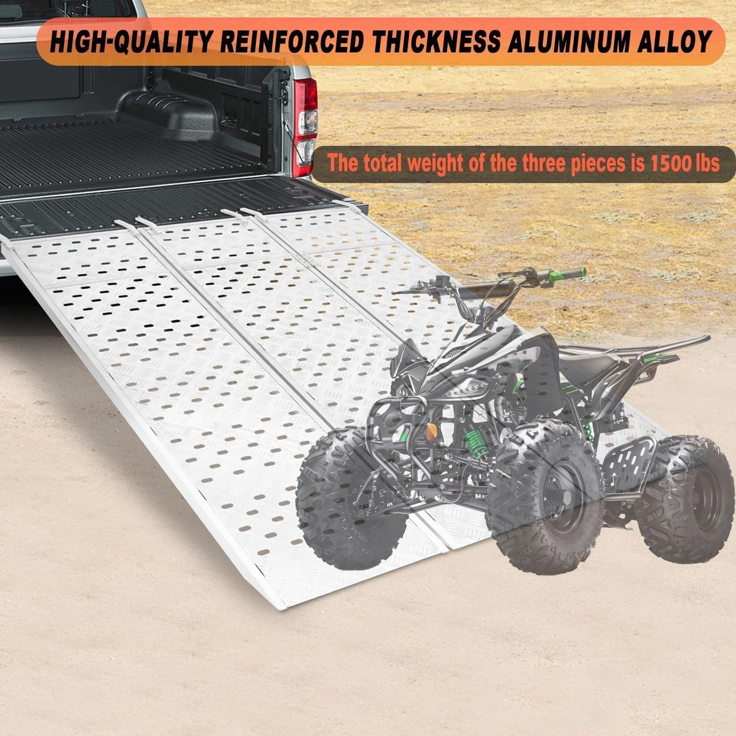 Aluminum Tri-Fold Ramp with Treads, Extra Wide Loading Ramp 1500 lbs Capacity, 54"×77" Heavy Duty Trailer Ramps for ATV, UTV, Motorcycle, Lawn Mower