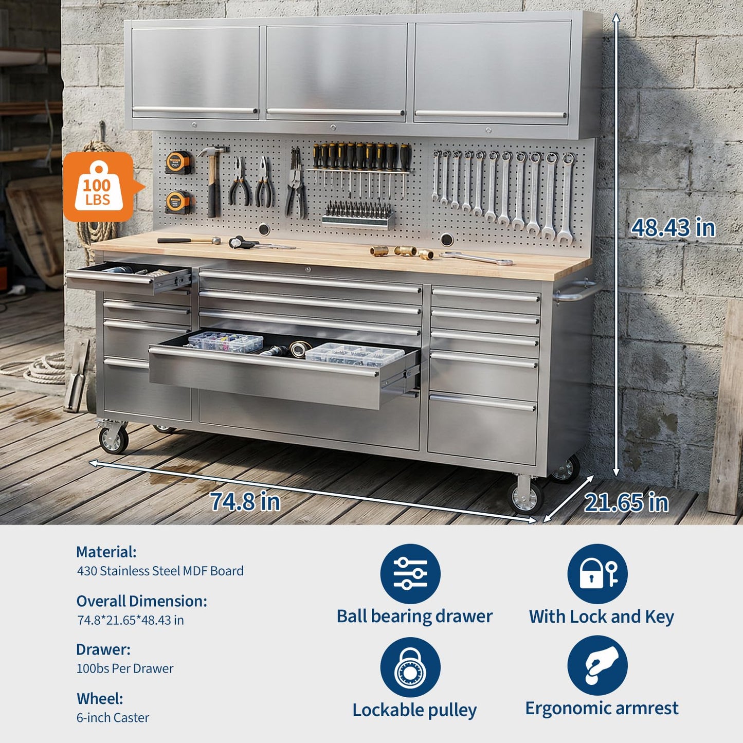 GarveeTech 72-Inch Heavy-Duty Rolling Tool Chest & Mobile Workbench, 15 Drawers & 3 Top Cabinets, Rubber Wood Tabletop, Key Locking System, Drawer Liners, Wheels, Steel Storage Cabinet for Garage