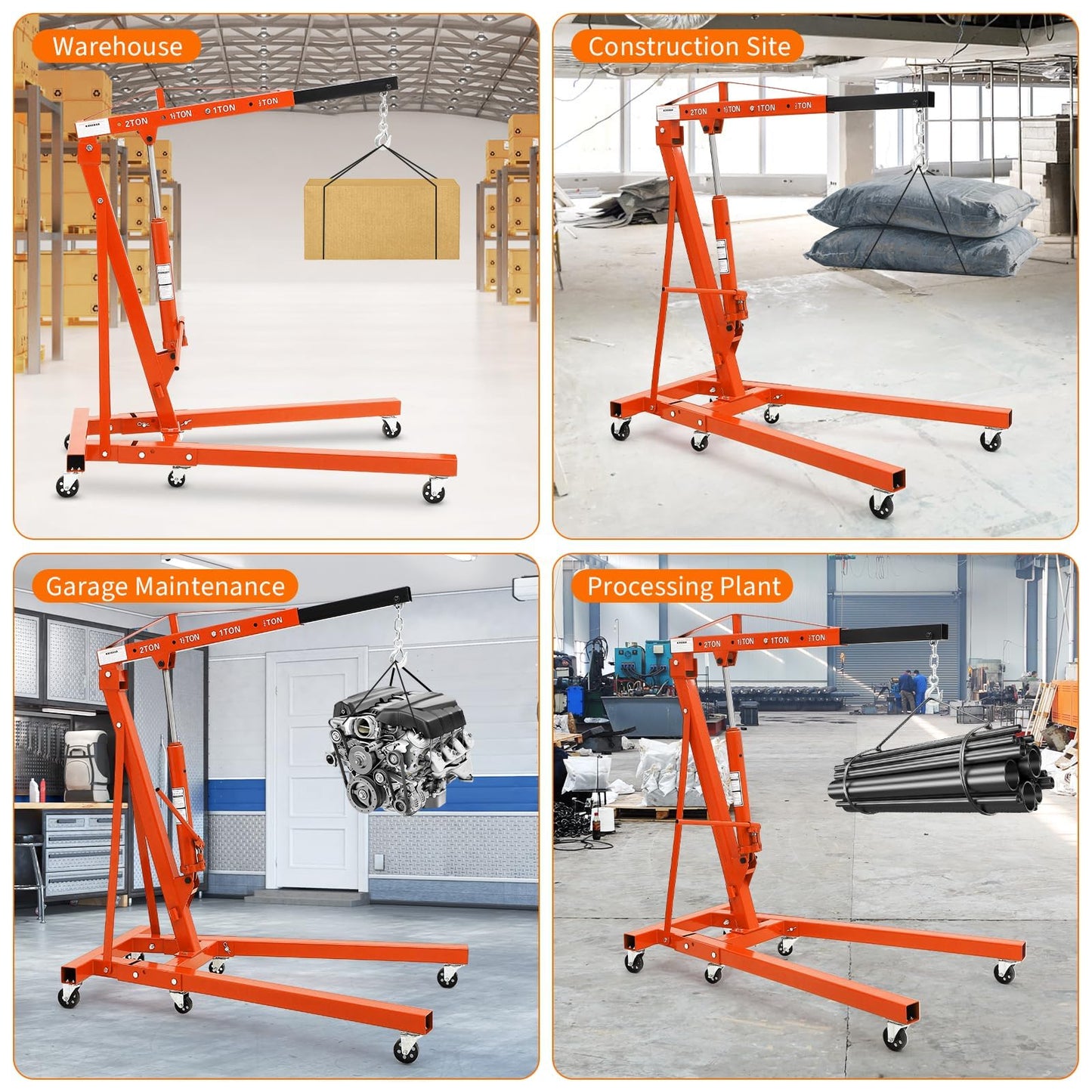2-Ton Folding Engine Hoist Cherry Picker 44 Lb Capacity Hydraulic Shop Crane with Telescoping Boom 6 Caster Wheels for Automotive Repair Garage Use Includes Hitch and Storage Stand Orange