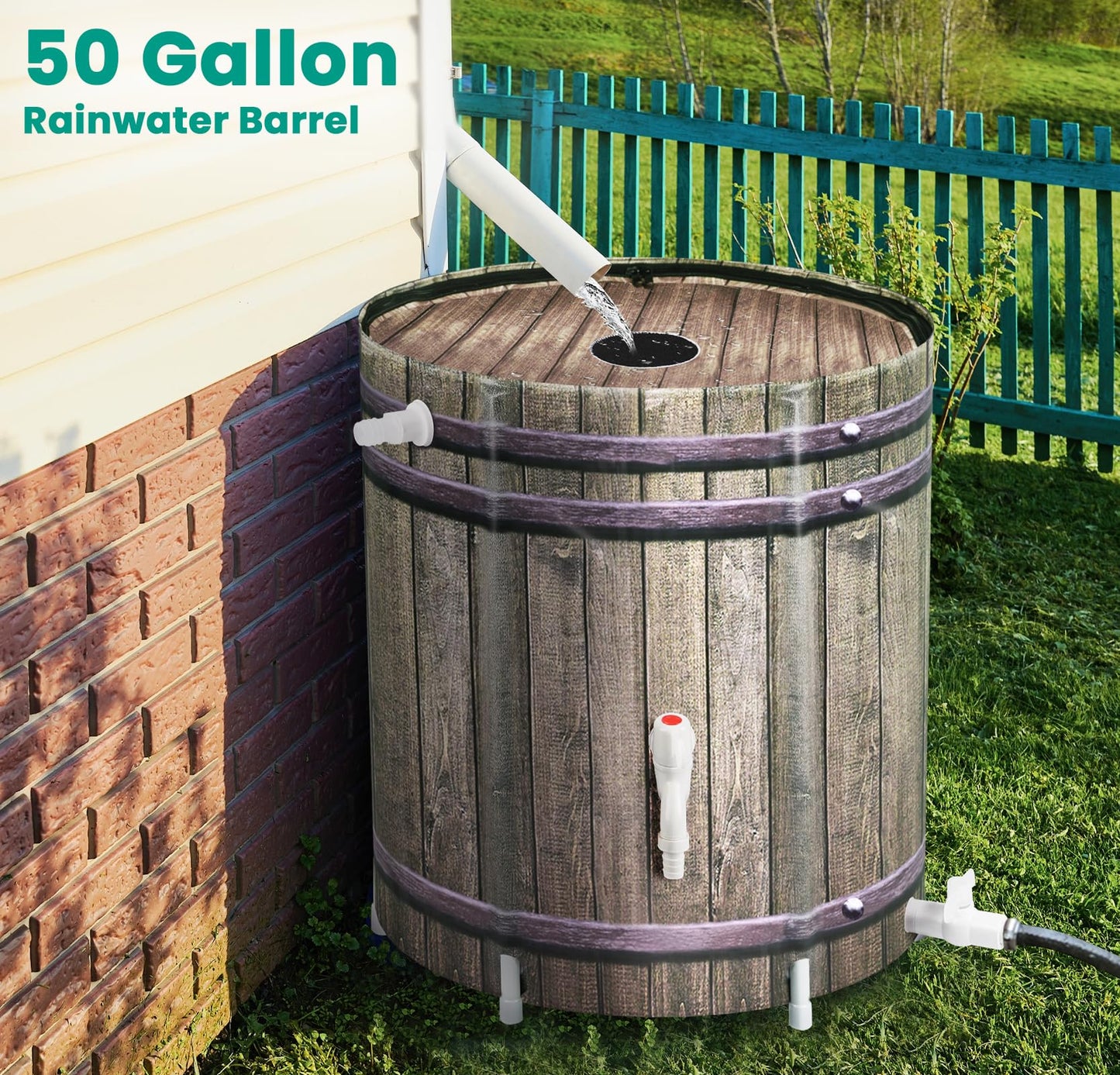 Rain Barrel,50 Gallon Collapsible Rainwater Collection with Spigots and Overflow Kit,Portable Plastic Rain Barrel with Filter, Anti-Collapse Rainwater Collection Container Woodgrain
