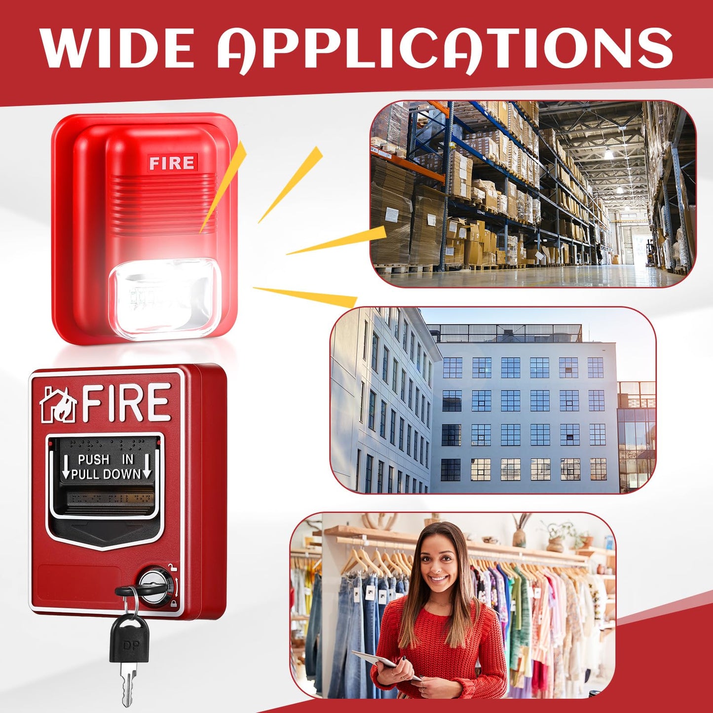 Relaxweex 8 Pcs Fire Alarm Pull Station Fire Warning Siren 12/24V DC Sound and Light Emergency Alarm Dual Action Manual Call Point with Key Security Horn Buzzer for Home or Office