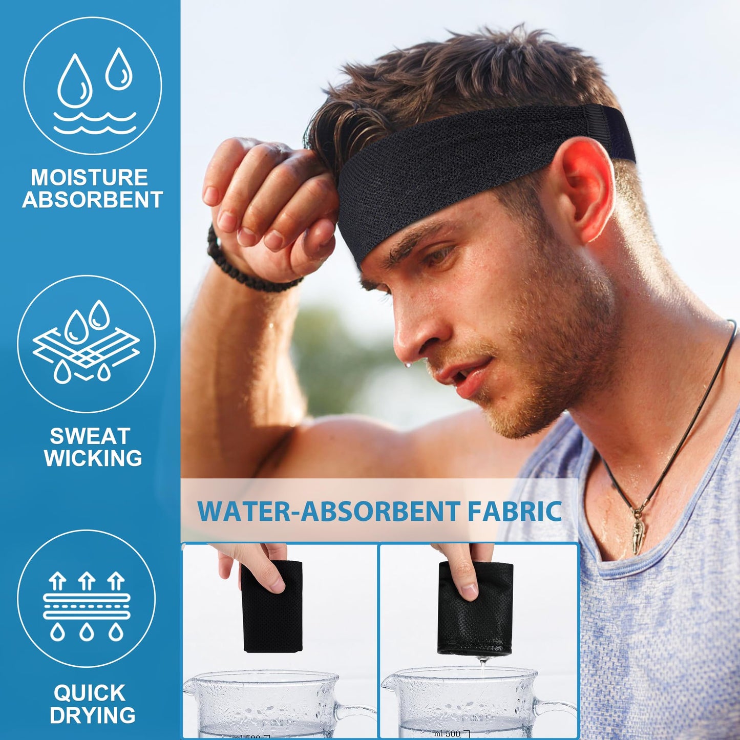 Sukeen Cooling Sports Headbands for Men 4 Pack: Instant Cooling Moisture Wicking Sweatbands Non-Slip, Quick-Dry Elastic Mens Headband for Gym, Running, Cycling, Training & Workout, Black