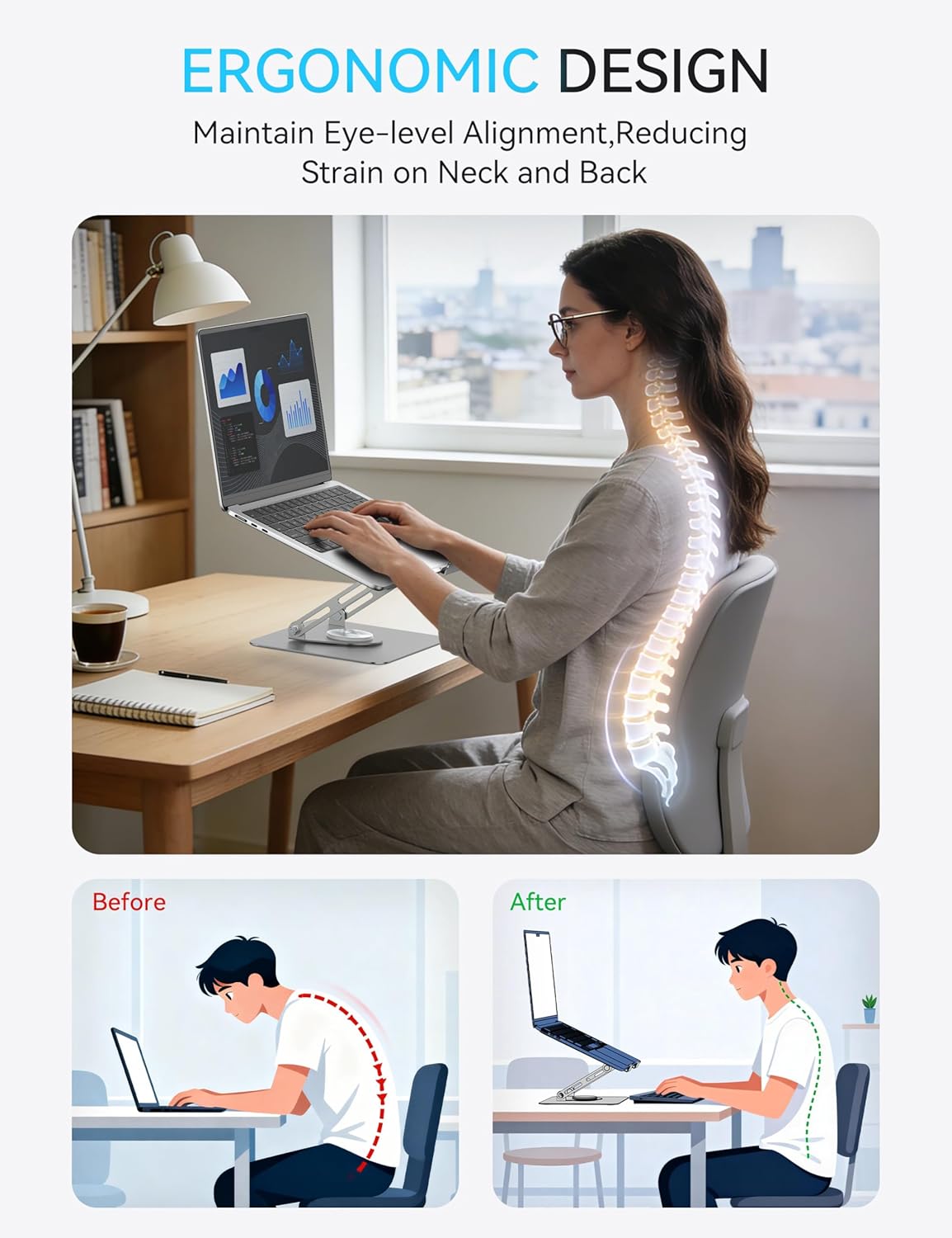 SOUNDANCE 360 Rotating Laptop Stand, Ergonomic Computer Riser for Desk, Adjustable Height Multi-Angle Metal Holder